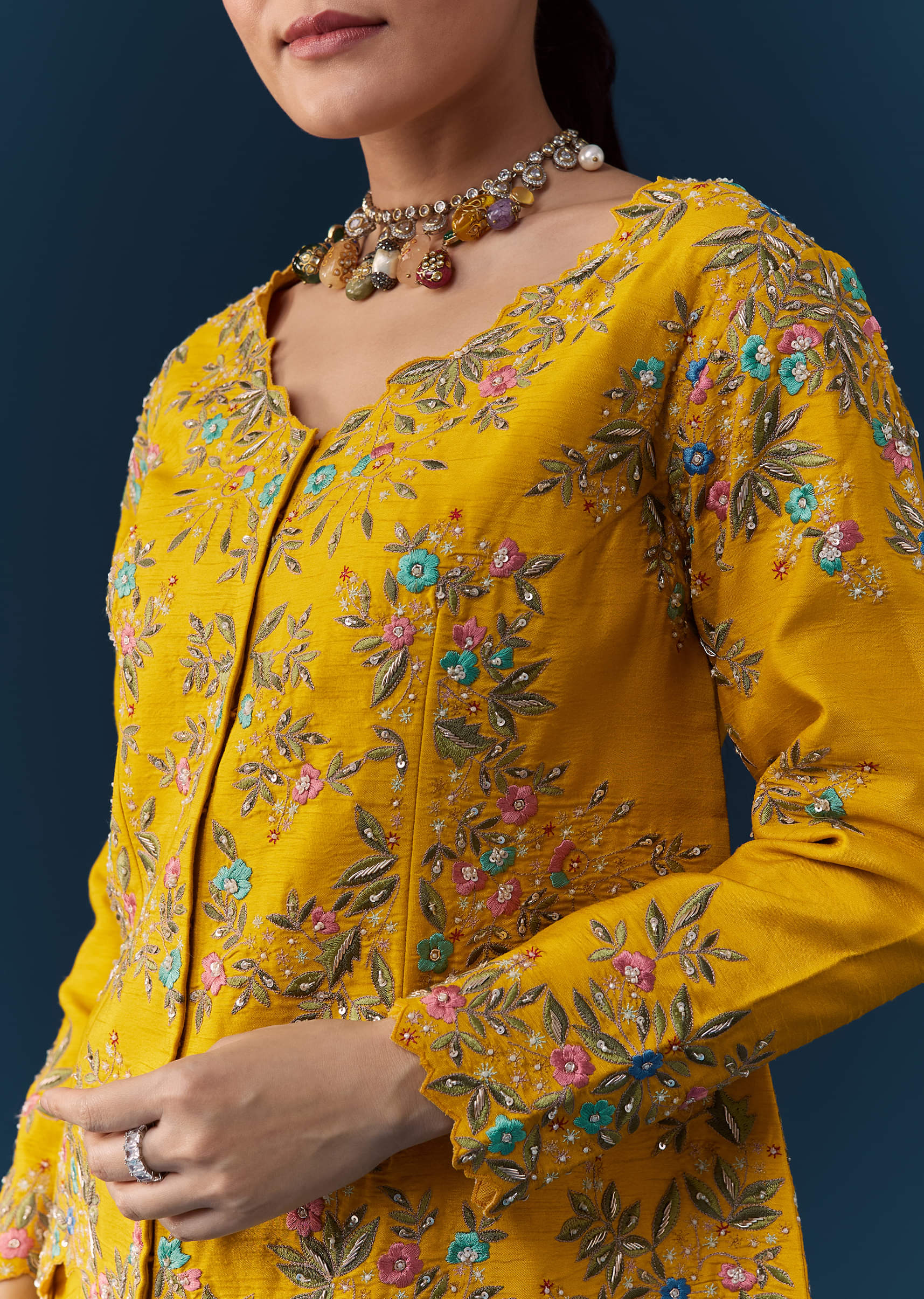 Yellow Satin Silk Crop Top Skirt Set with Resham Work - Image 2