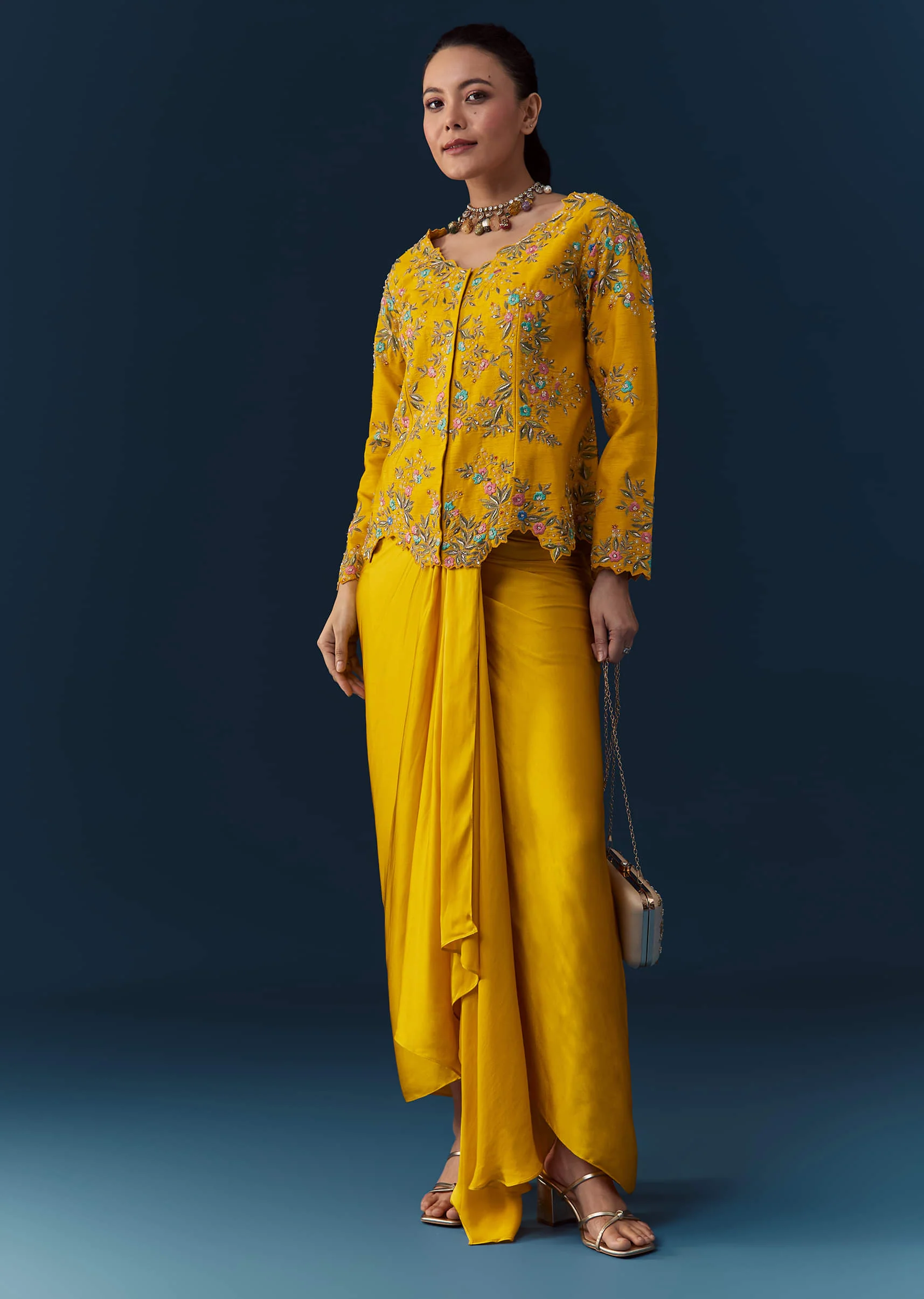 Yellow Satin Silk Crop Top Skirt Set with Resham Work - Image 3
