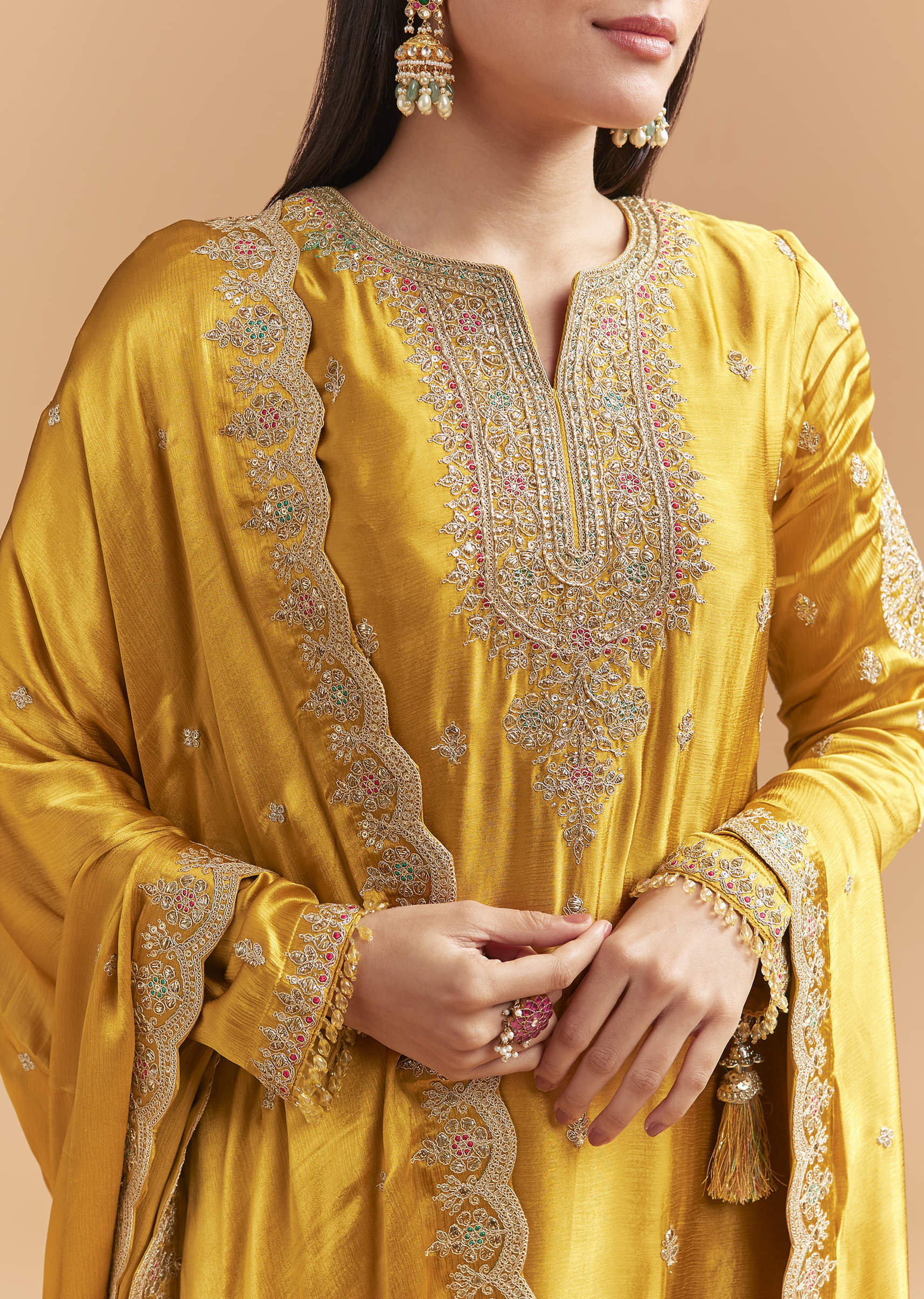 Yellow Satin Suit With Floral Printed Palazzo - Image 2