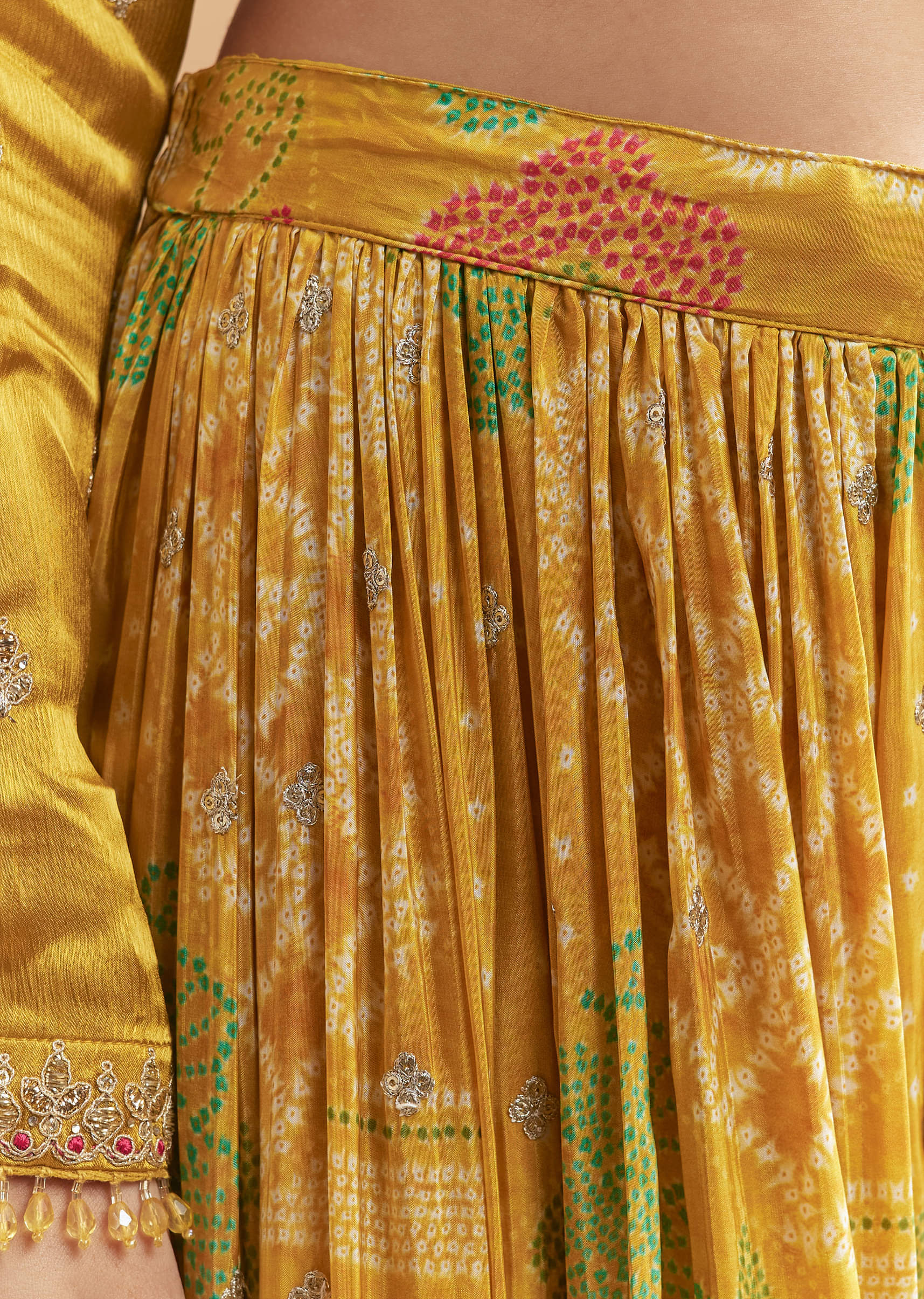 Yellow Satin Suit With Floral Printed Palazzo - Image 6