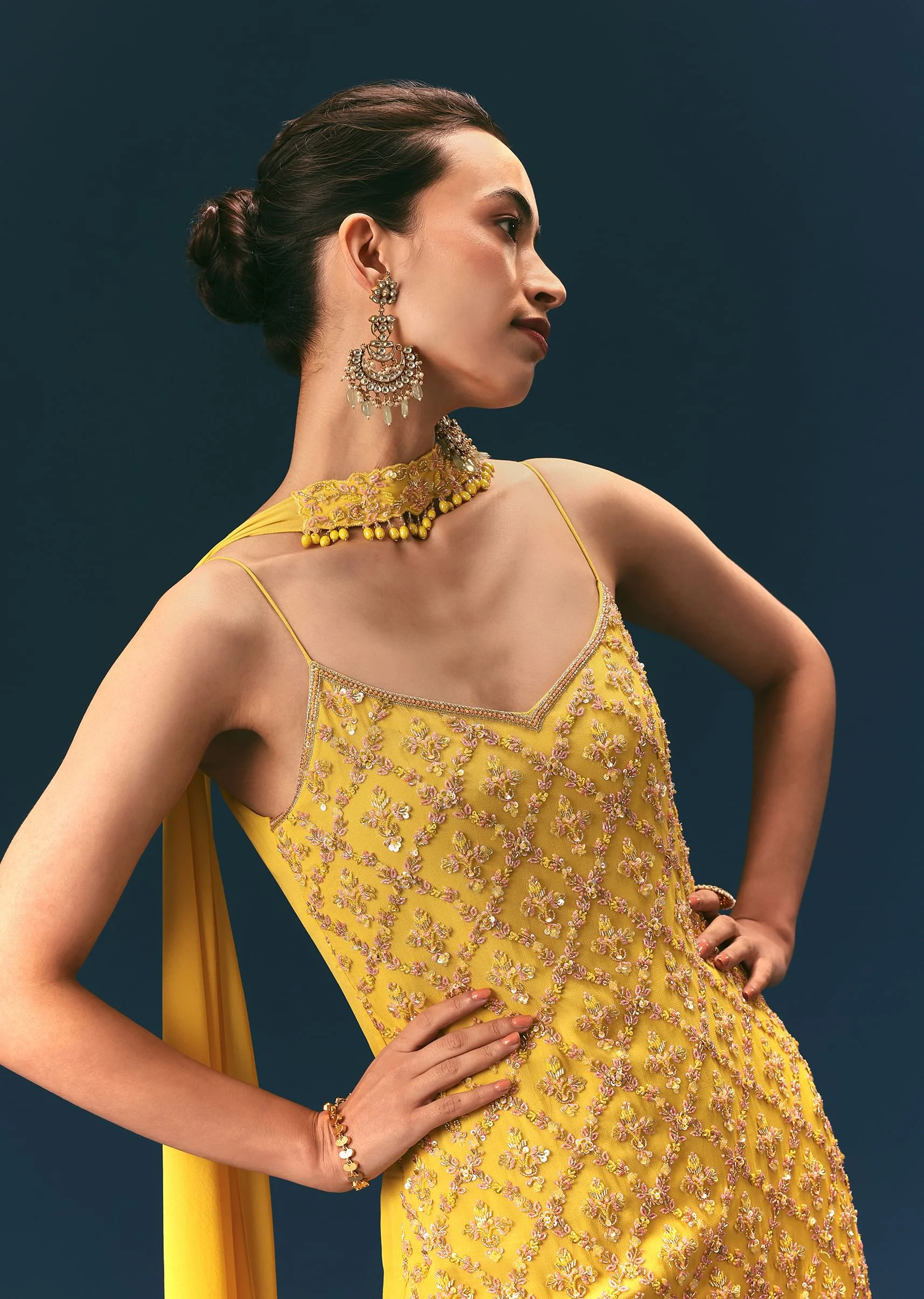 Yellow Sequin Hand Work Sharara Suit With Embroidered Choker Dupatta - Image 2