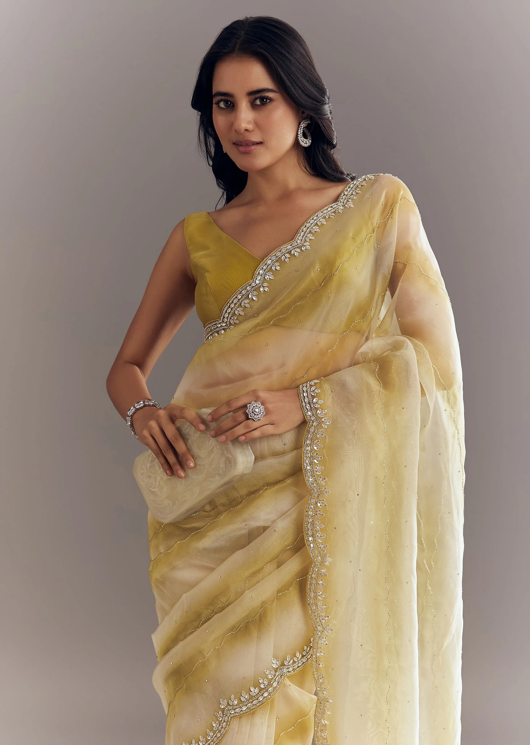 Yellow Shaded Glass Tissue Saree With Cutdana Embroidery And Scallop Border - Image 5