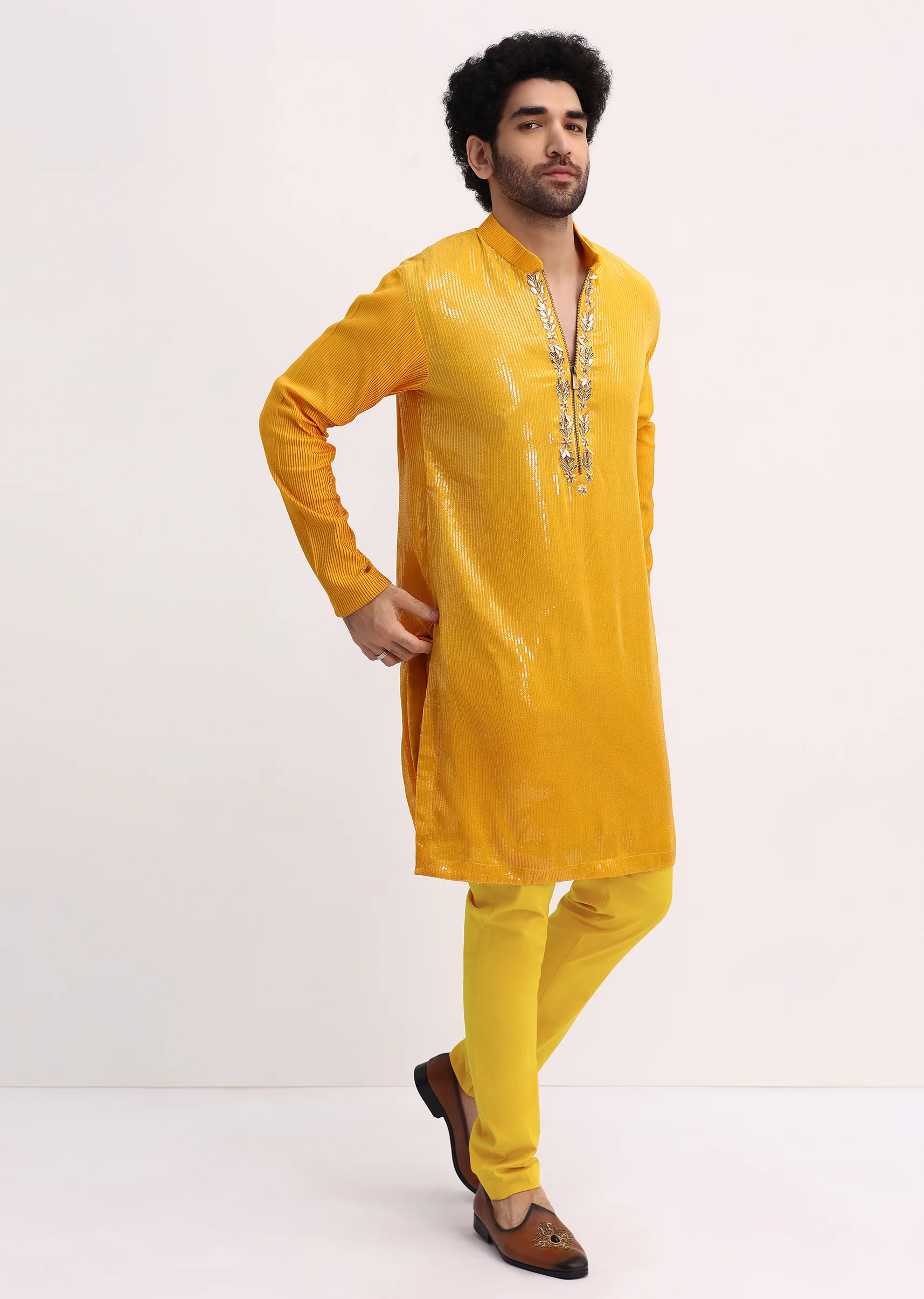 Yellow Shaded Sequin Zipper Kurta With Yellow Pants