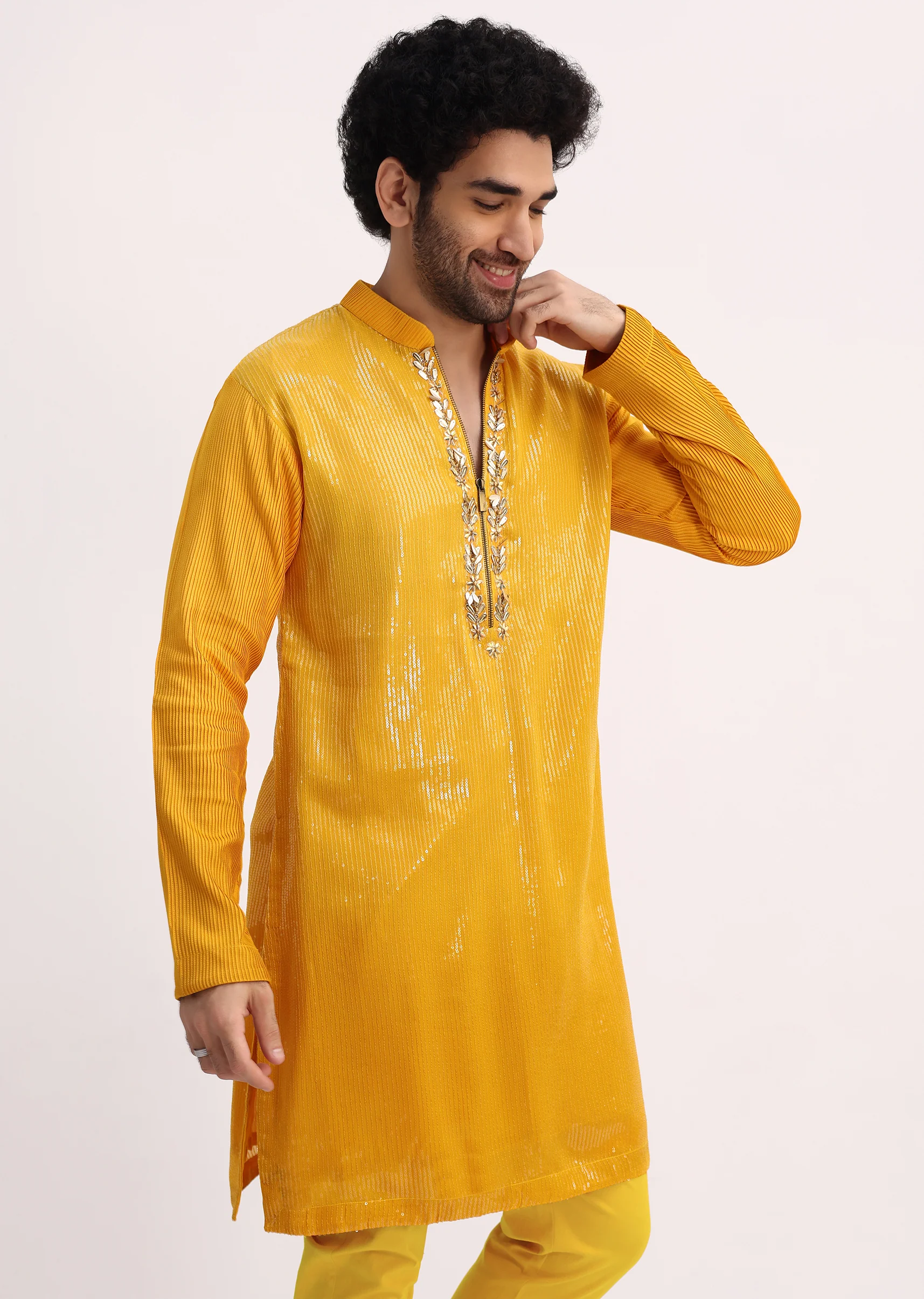 Yellow Shaded Sequin Zipper Kurta With Yellow Pants - Image 2