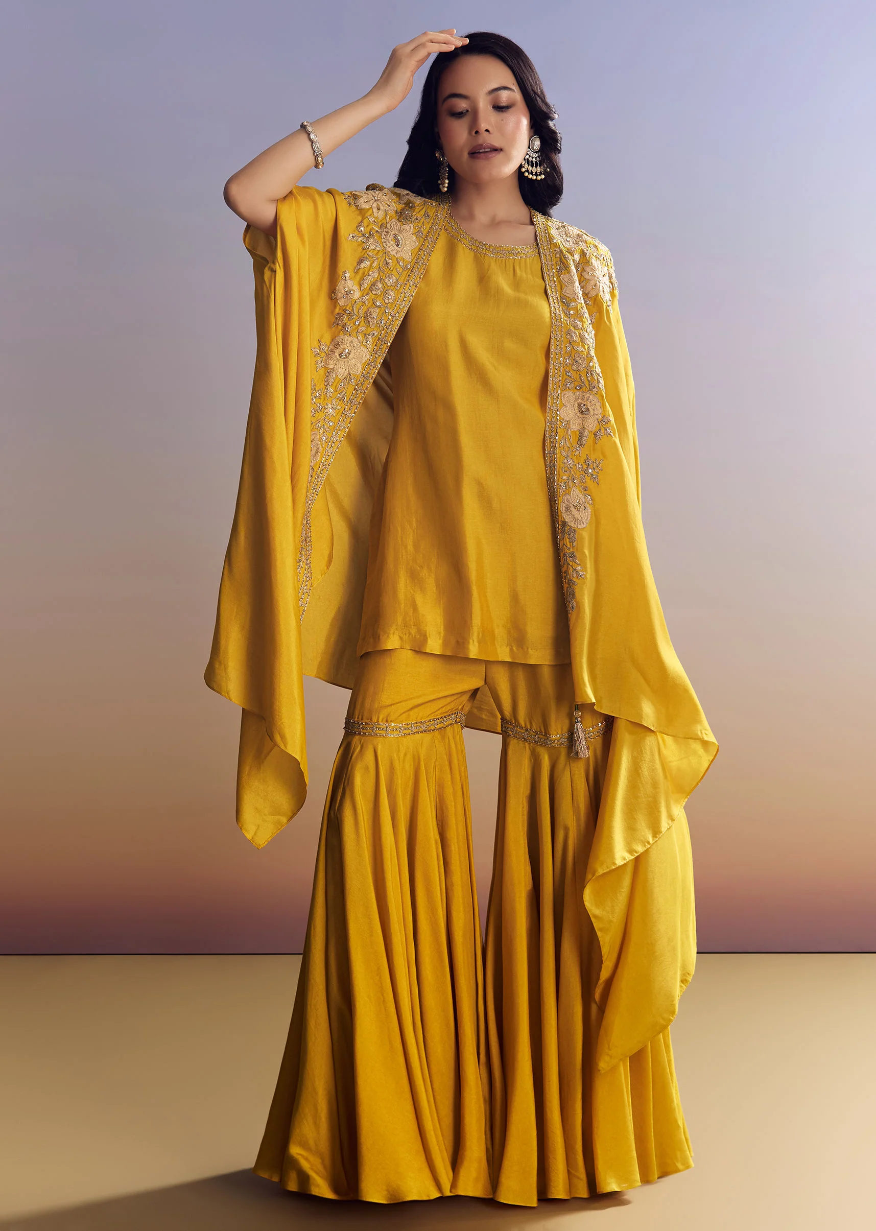 Yellow Sharara Set With Zari Cape - Image 3