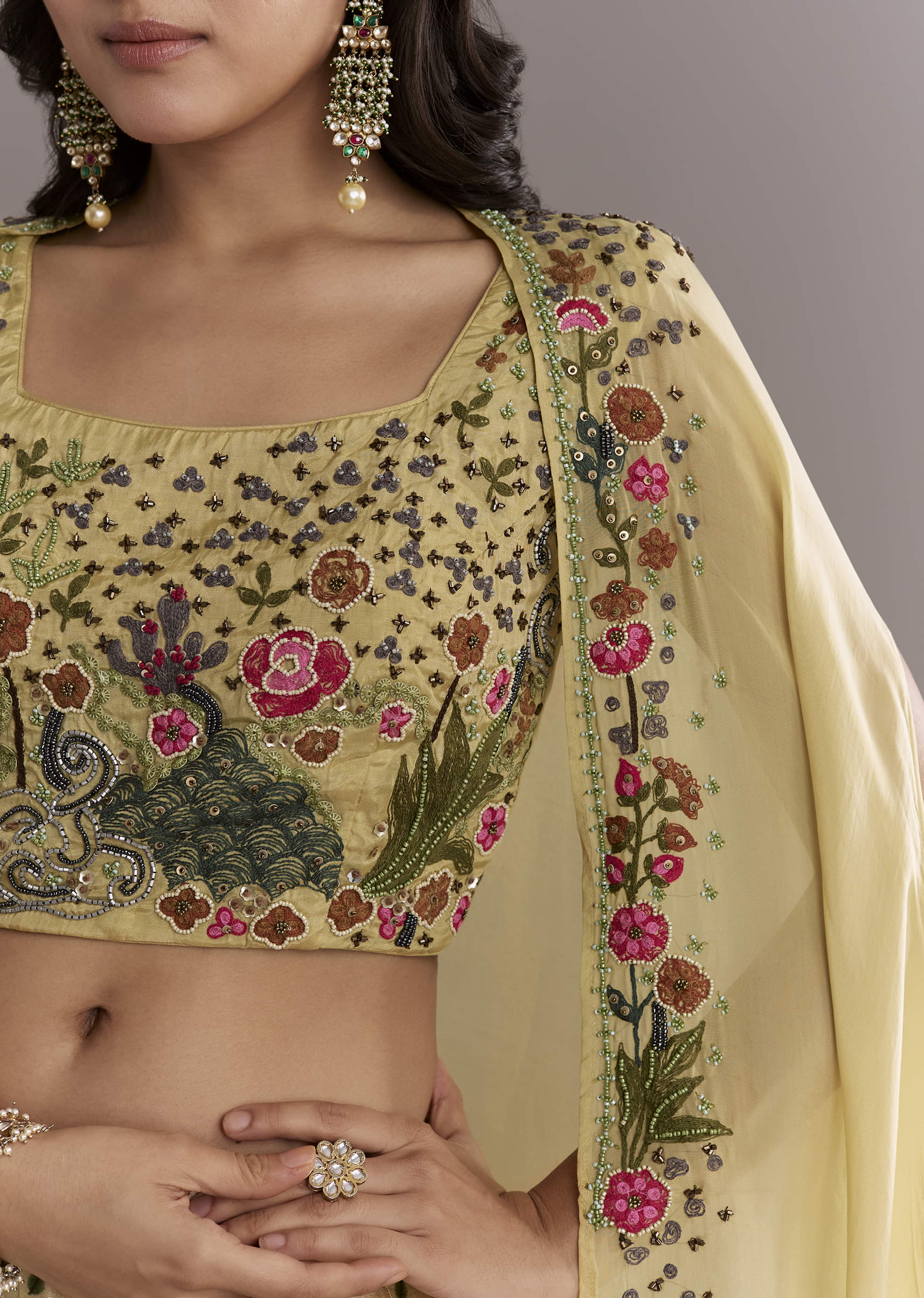 Yellow Silk Crop Top And Printed Skirt Set With Heavy Embroidery - Image 3