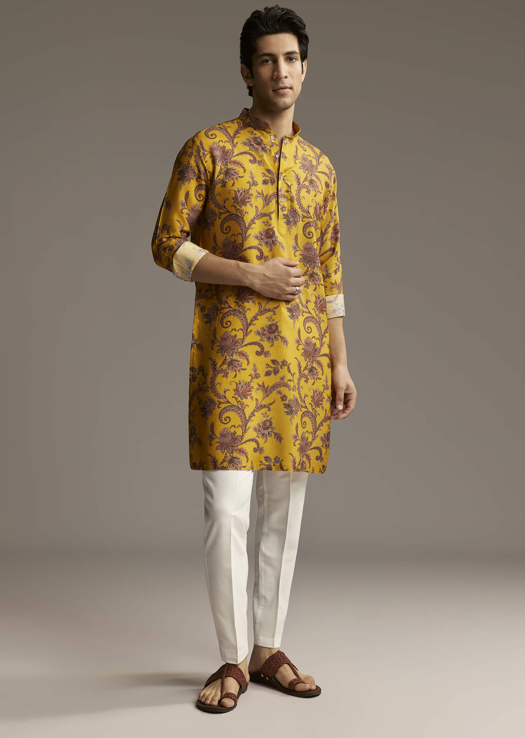 Yellow Silk Designer Kurta For Men With Motif Print - Image 2