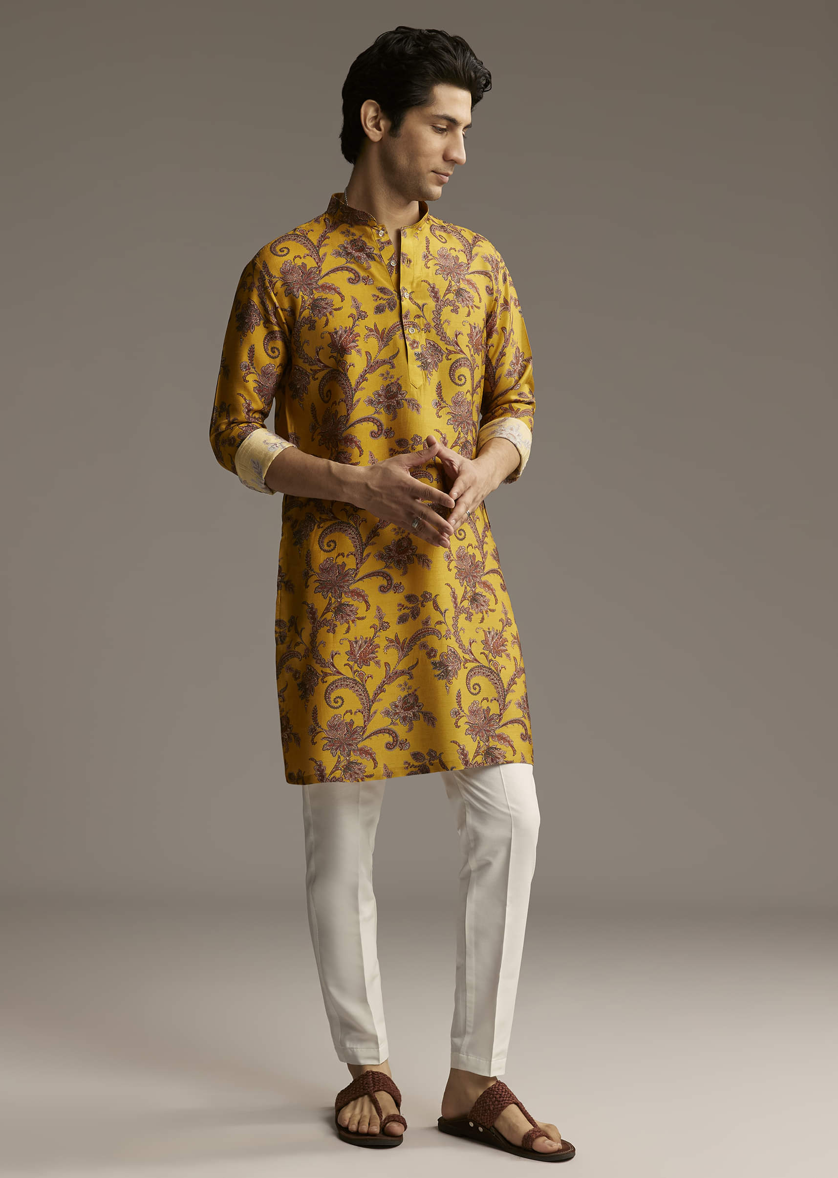 Yellow Silk Designer Kurta For Men With Motif Print - Image 4