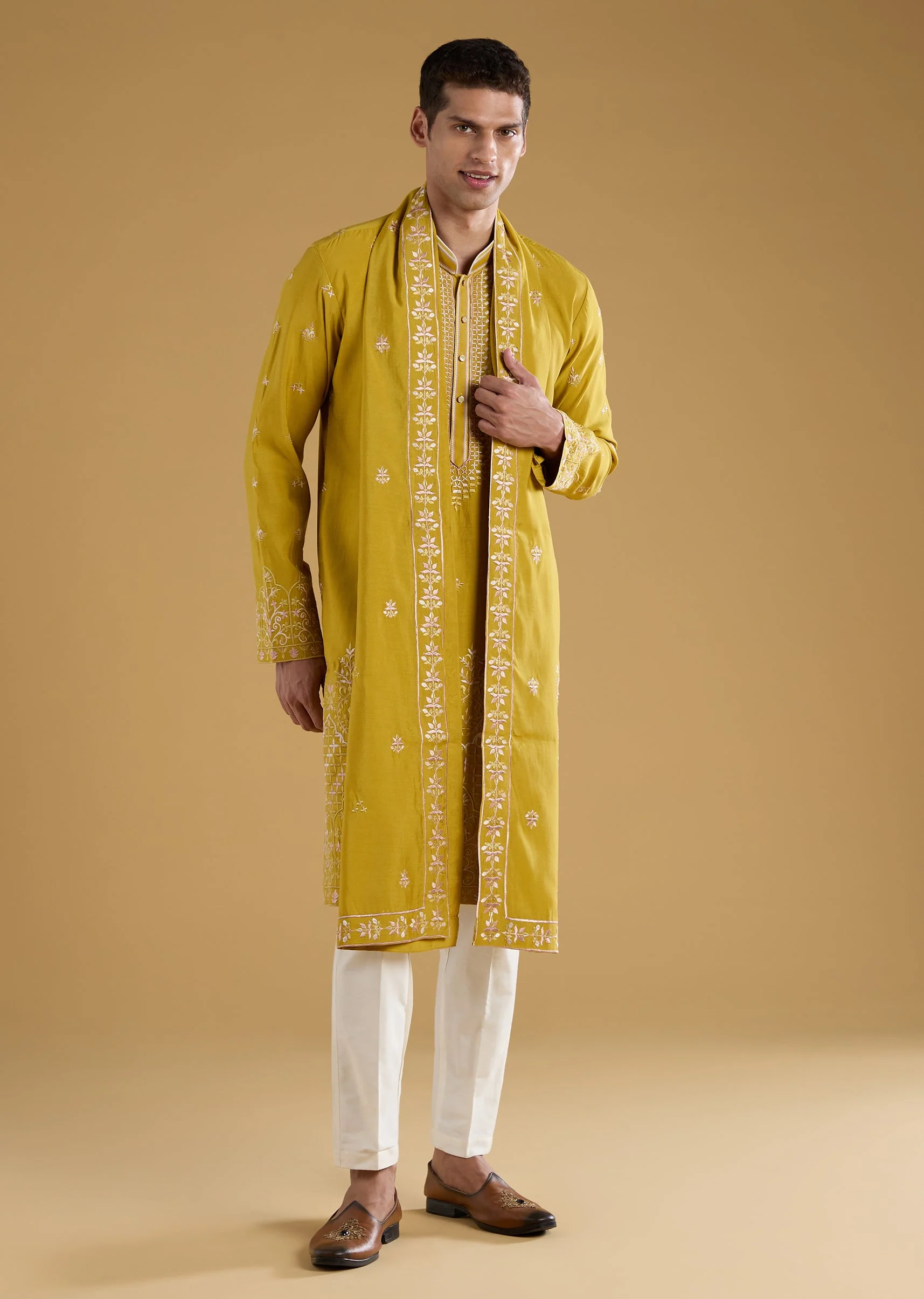 Yellow Silk Embroidered Front Button Kurta Set with Dupatta - Image 3