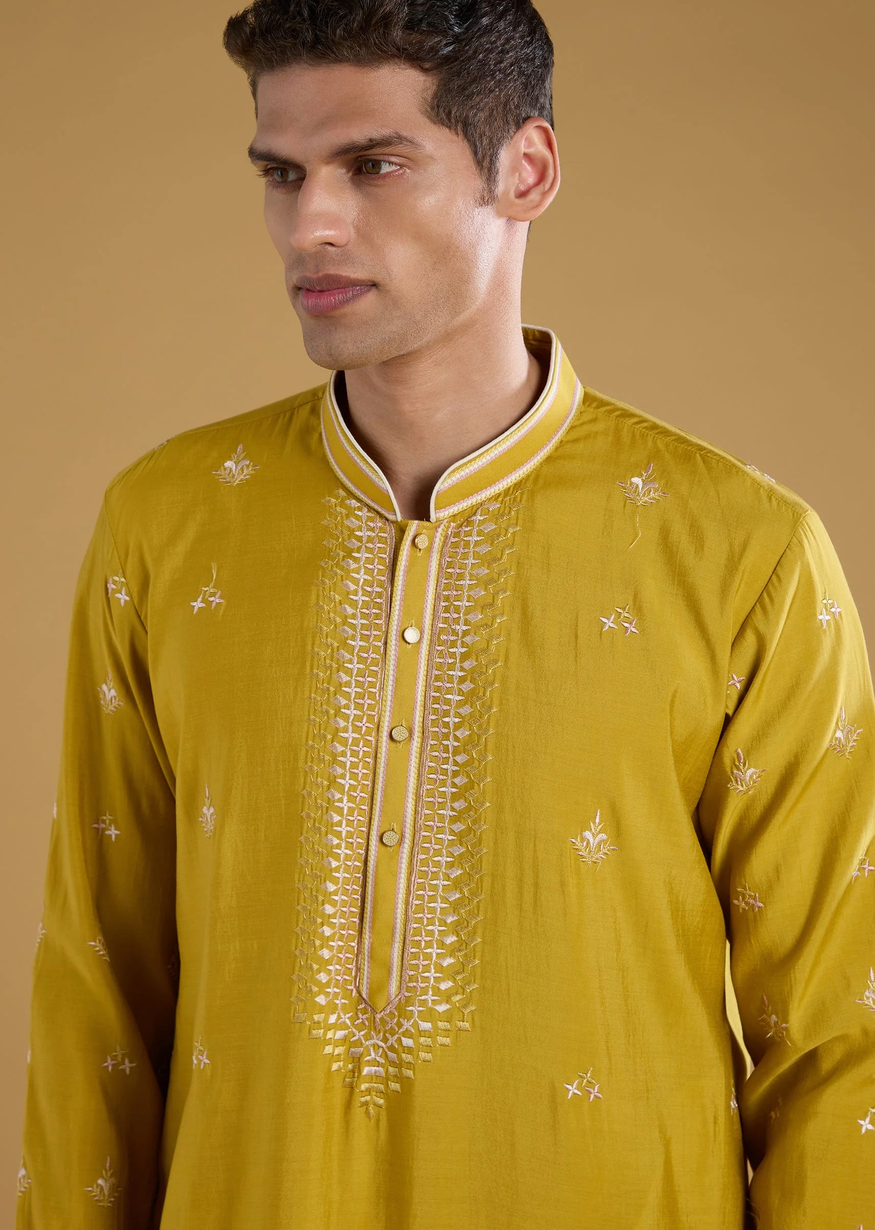 Yellow Silk Embroidered Front Button Kurta Set with Dupatta - Image 4