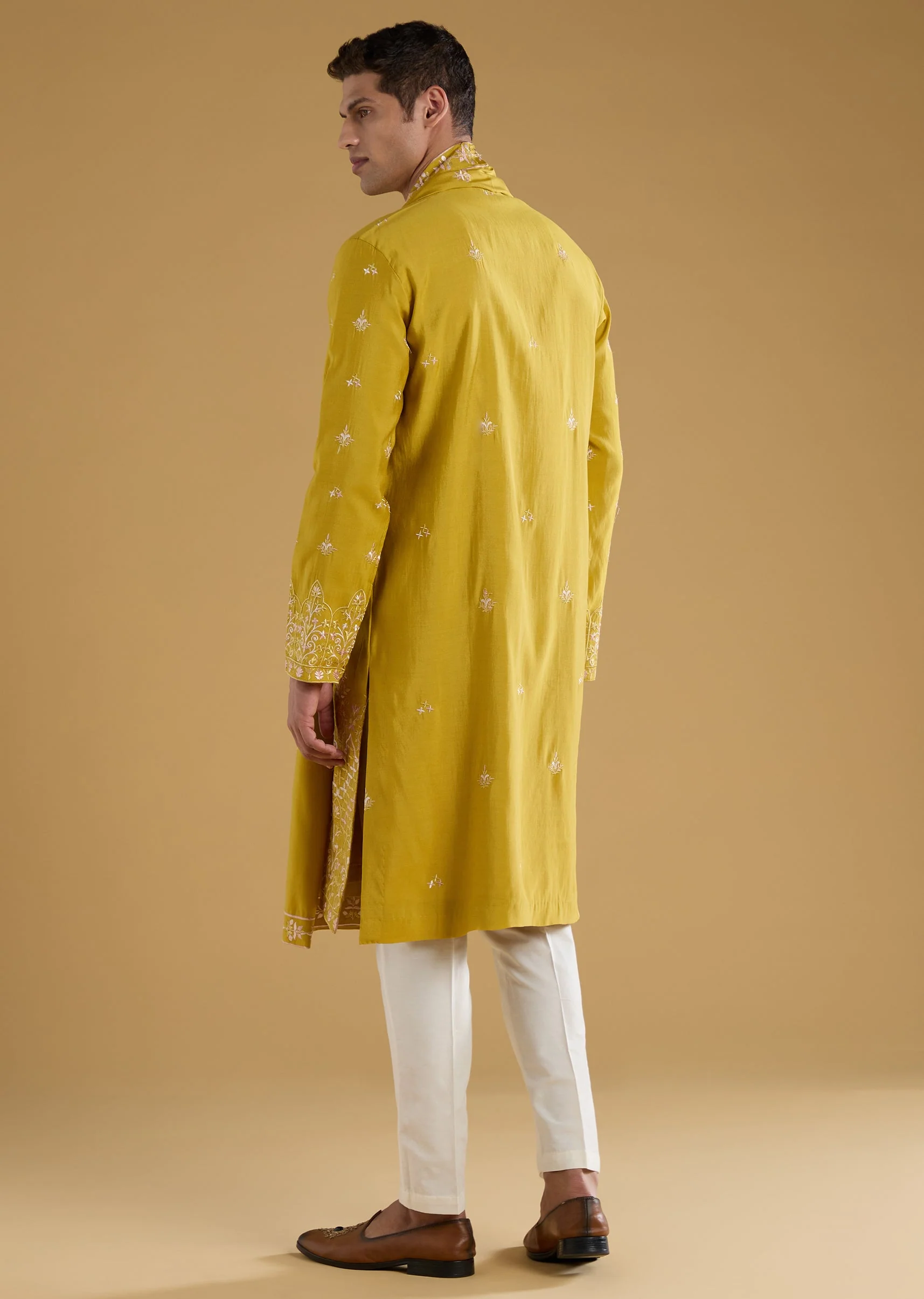 Yellow Silk Embroidered Front Button Kurta Set with Dupatta - Image 5