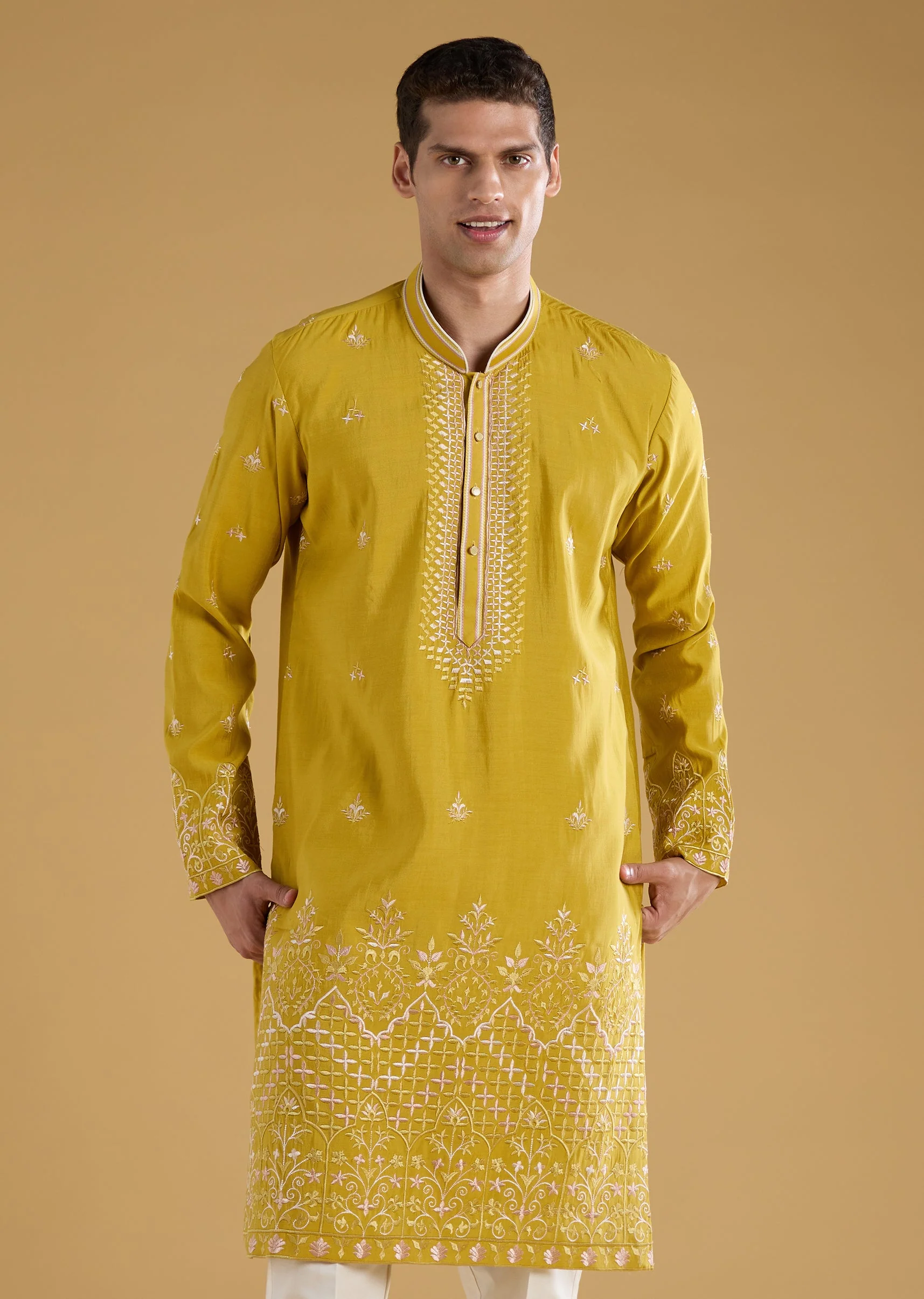 Yellow Silk Embroidered Front Button Kurta Set with Dupatta - Image 6