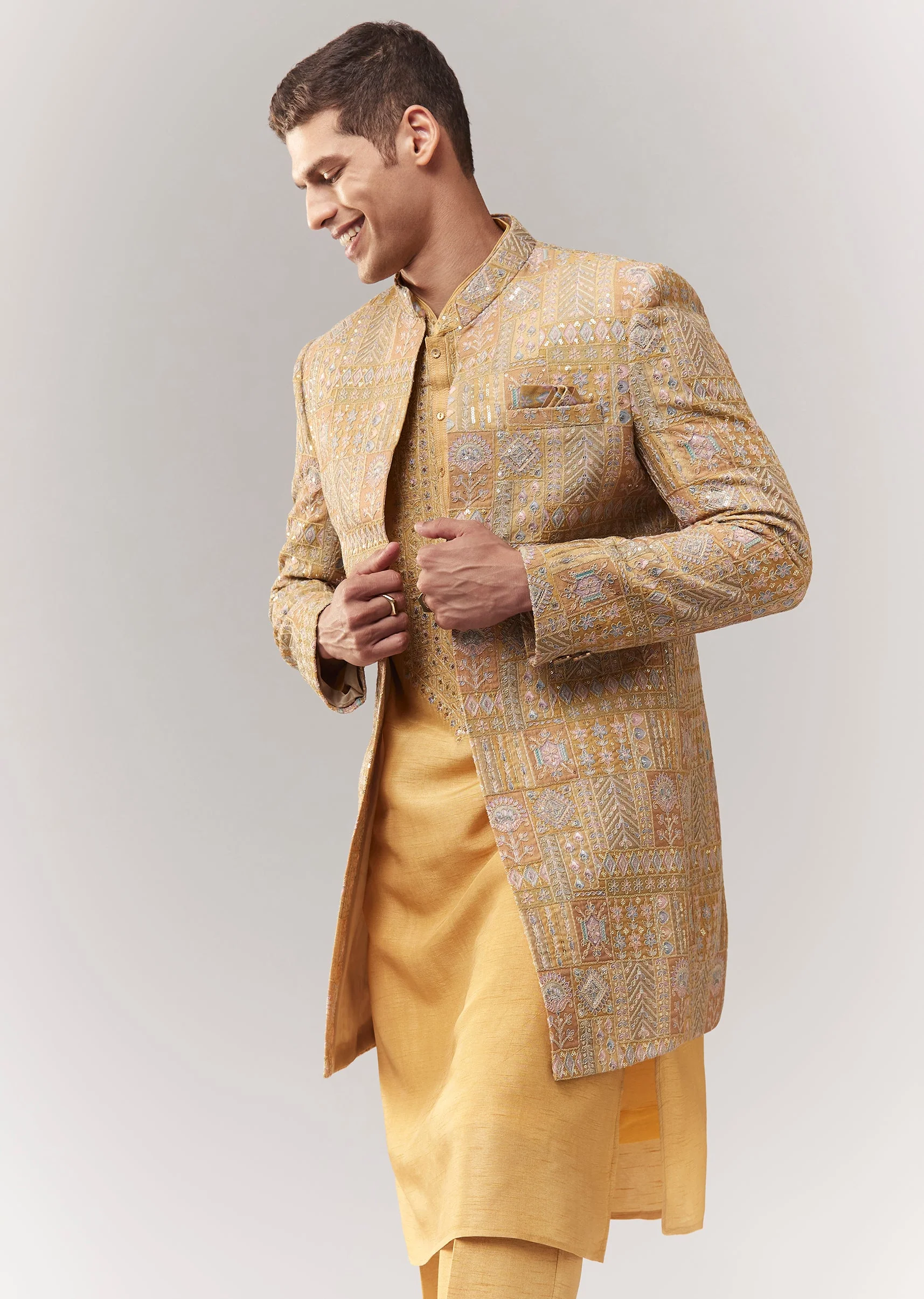 Yellow Silk Indo Western With Resham And Sequins - Image 5