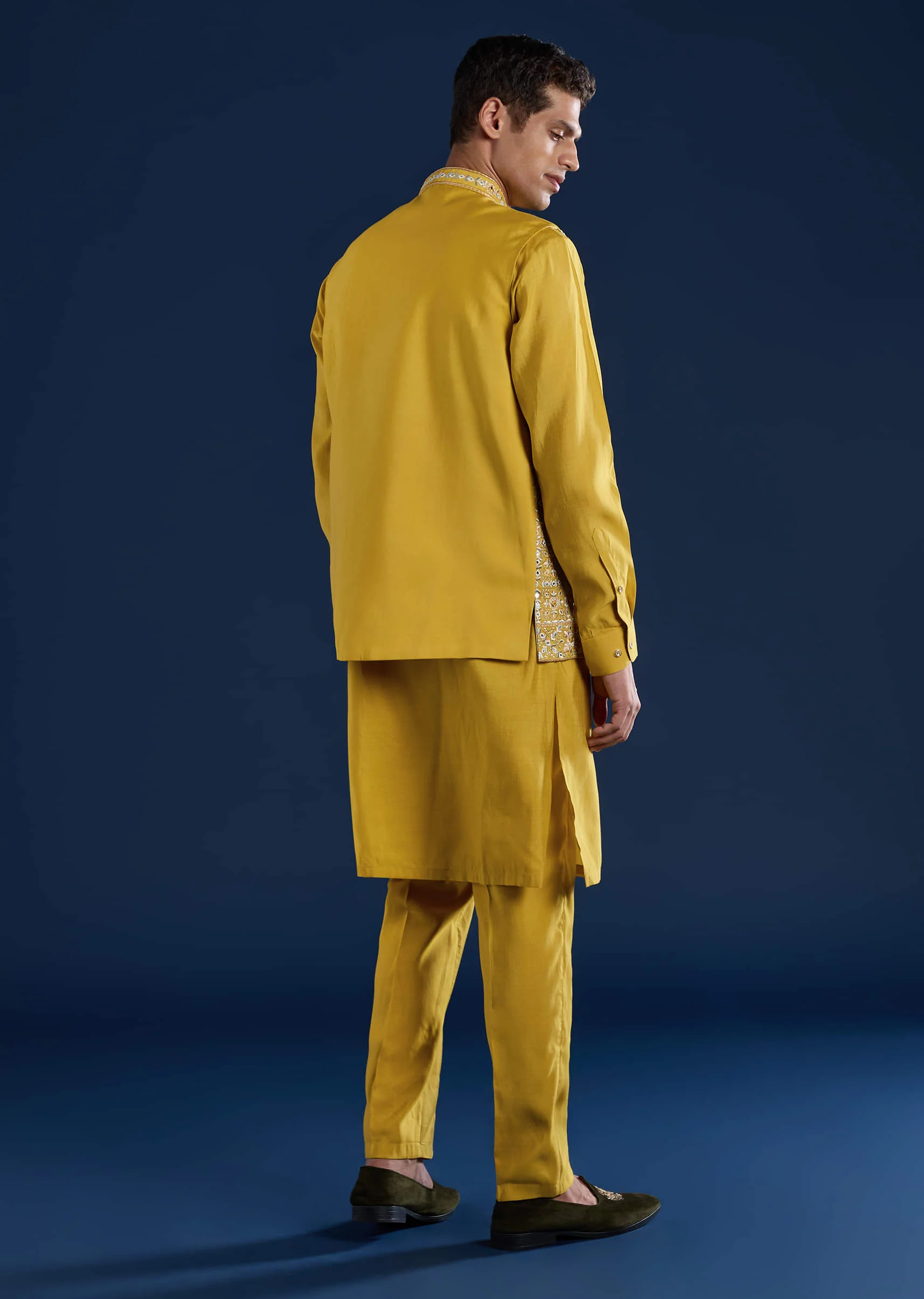Yellow Silk Jacket Kurta Set with Gota Work - Image 5