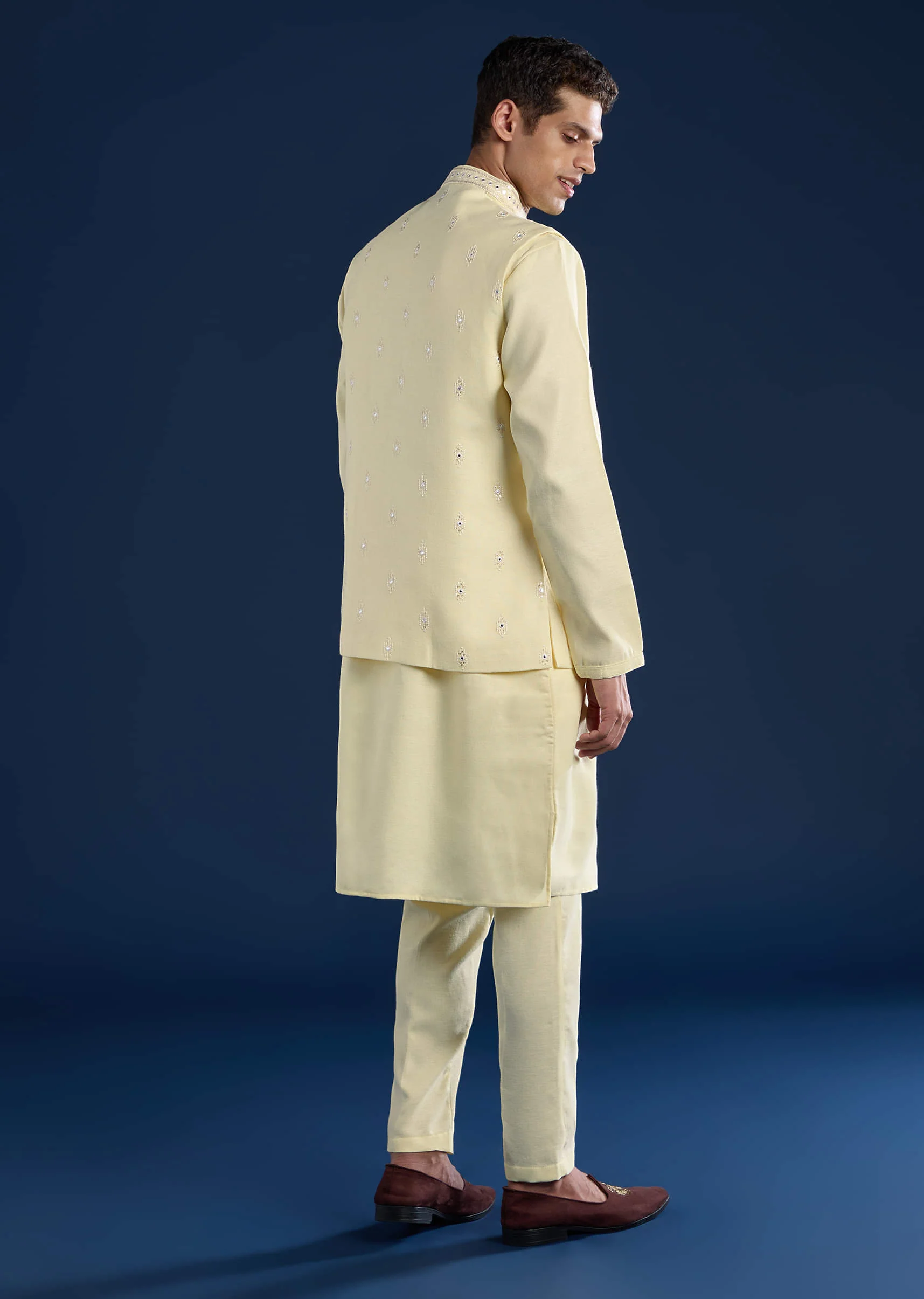 Yellow Silk Jacket Kurta Set with Mirror Embroidery - Image 5