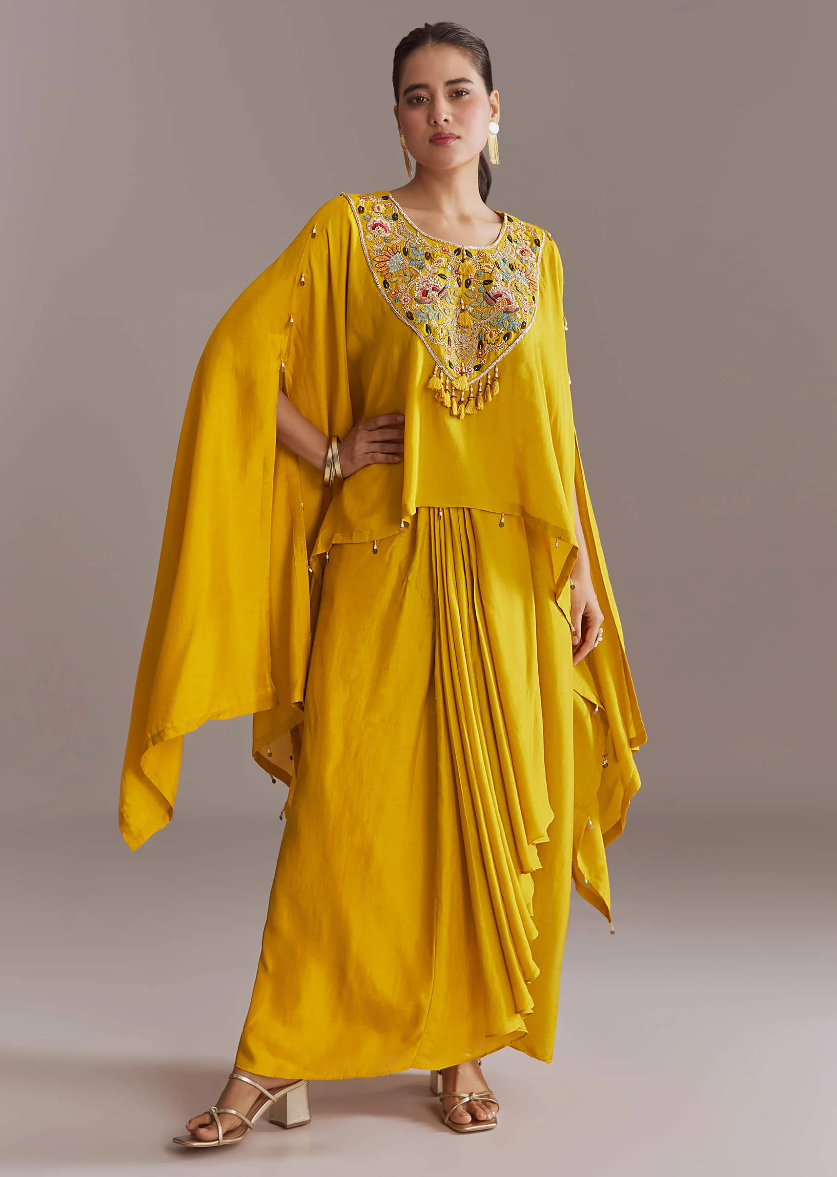 Yellow Silk Kaftan Top And Drape Skirt Set With Embroidery - Image 3