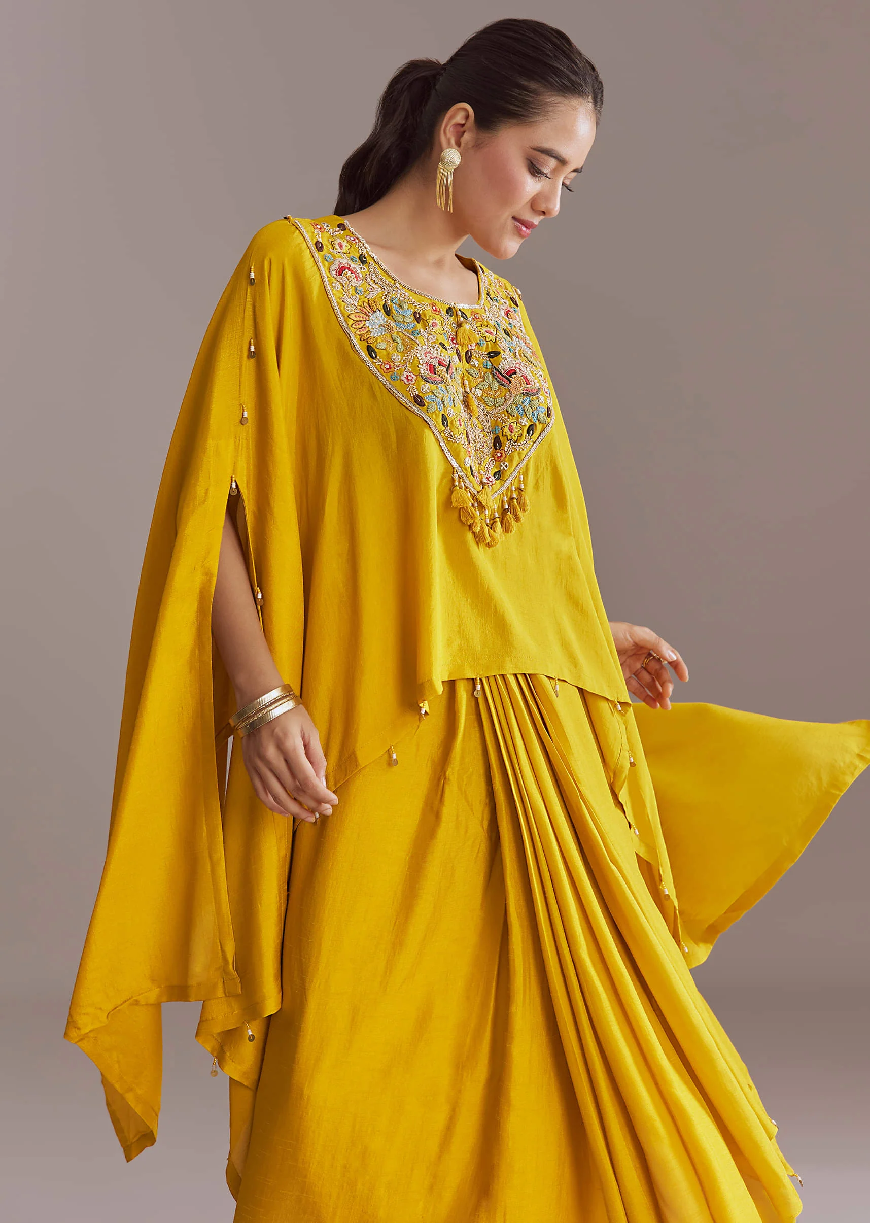 Yellow Silk Kaftan Top And Drape Skirt Set With Embroidery - Image 4
