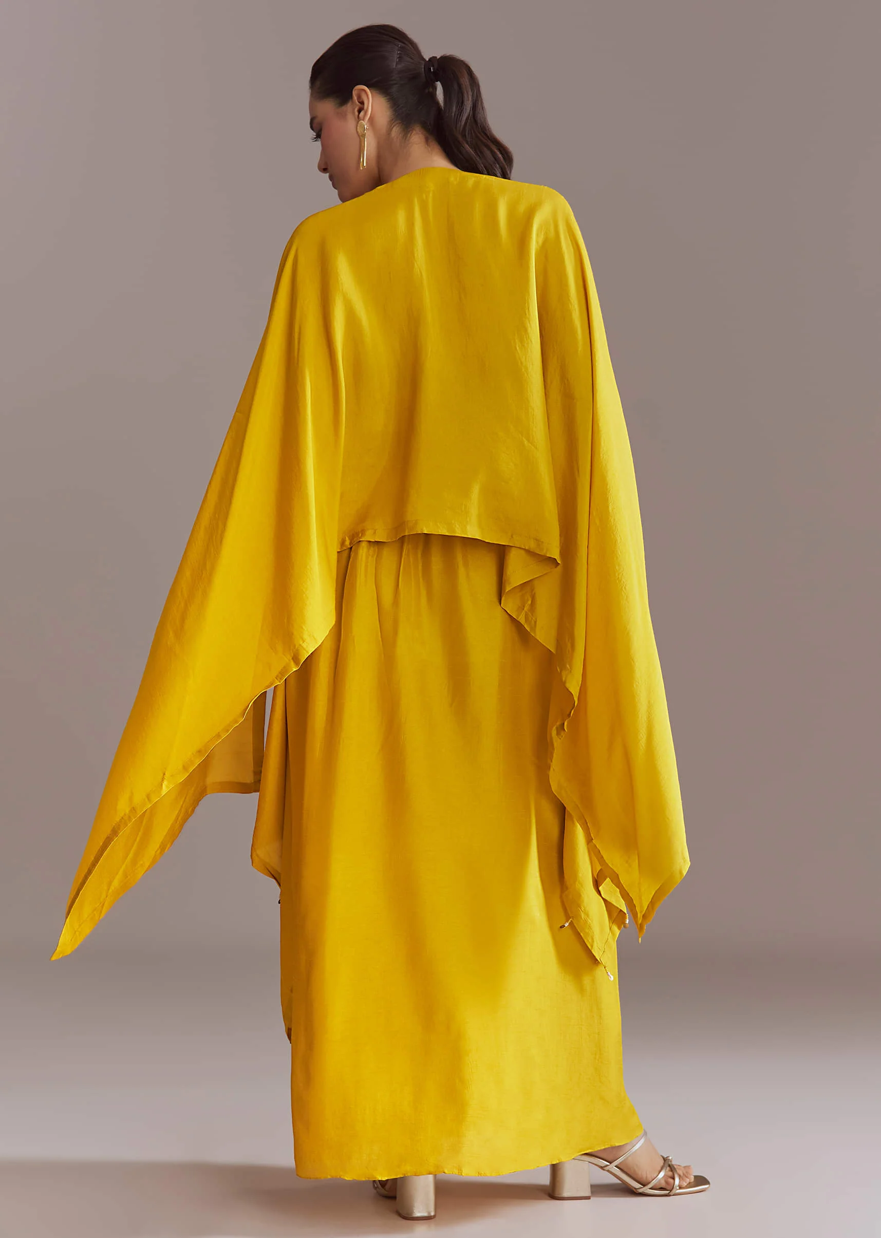 Yellow Silk Kaftan Top And Drape Skirt Set With Embroidery - Image 5