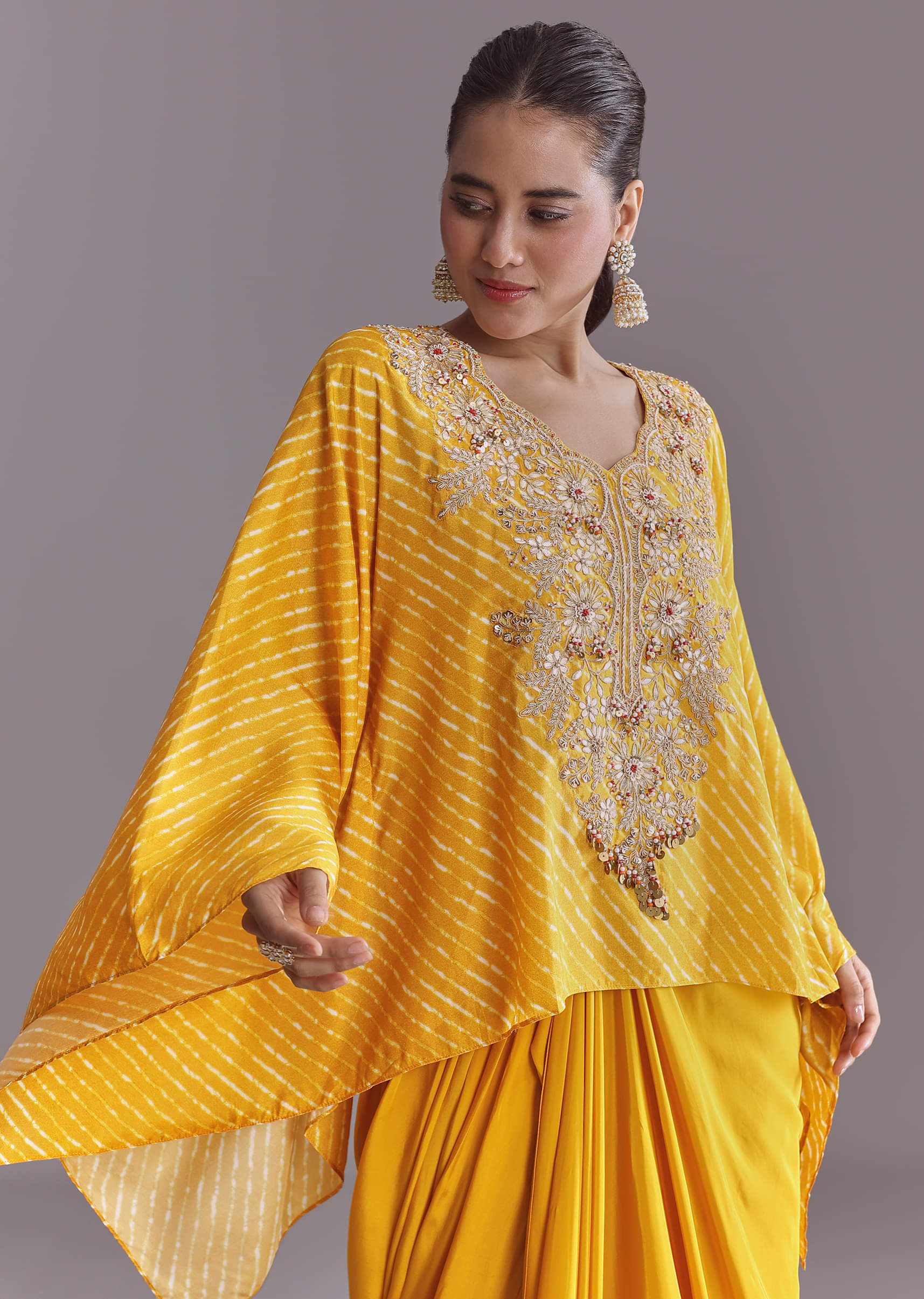 Yellow Silk Kaftan Top And Drape Skirt Set With Leheriya Print - Image 4