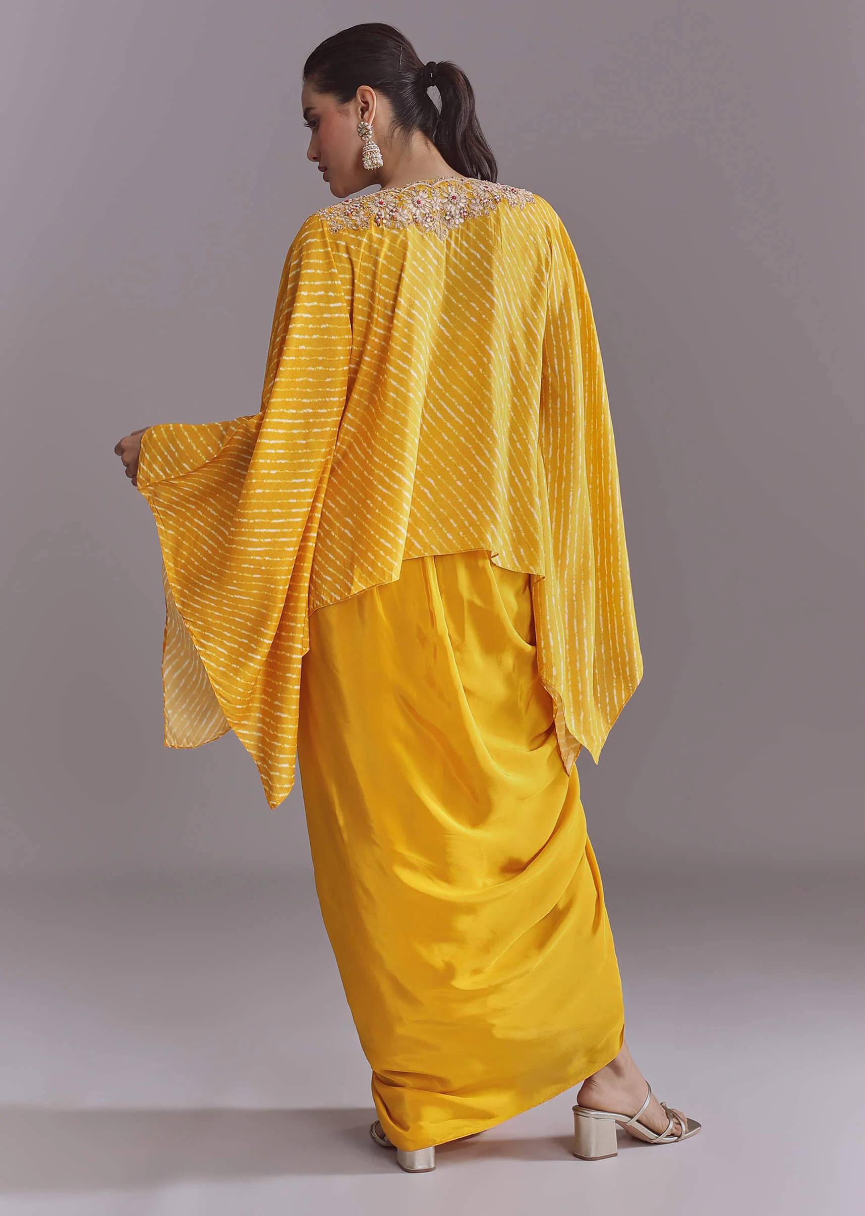 Yellow Silk Kaftan Top And Drape Skirt Set With Leheriya Print - Image 5