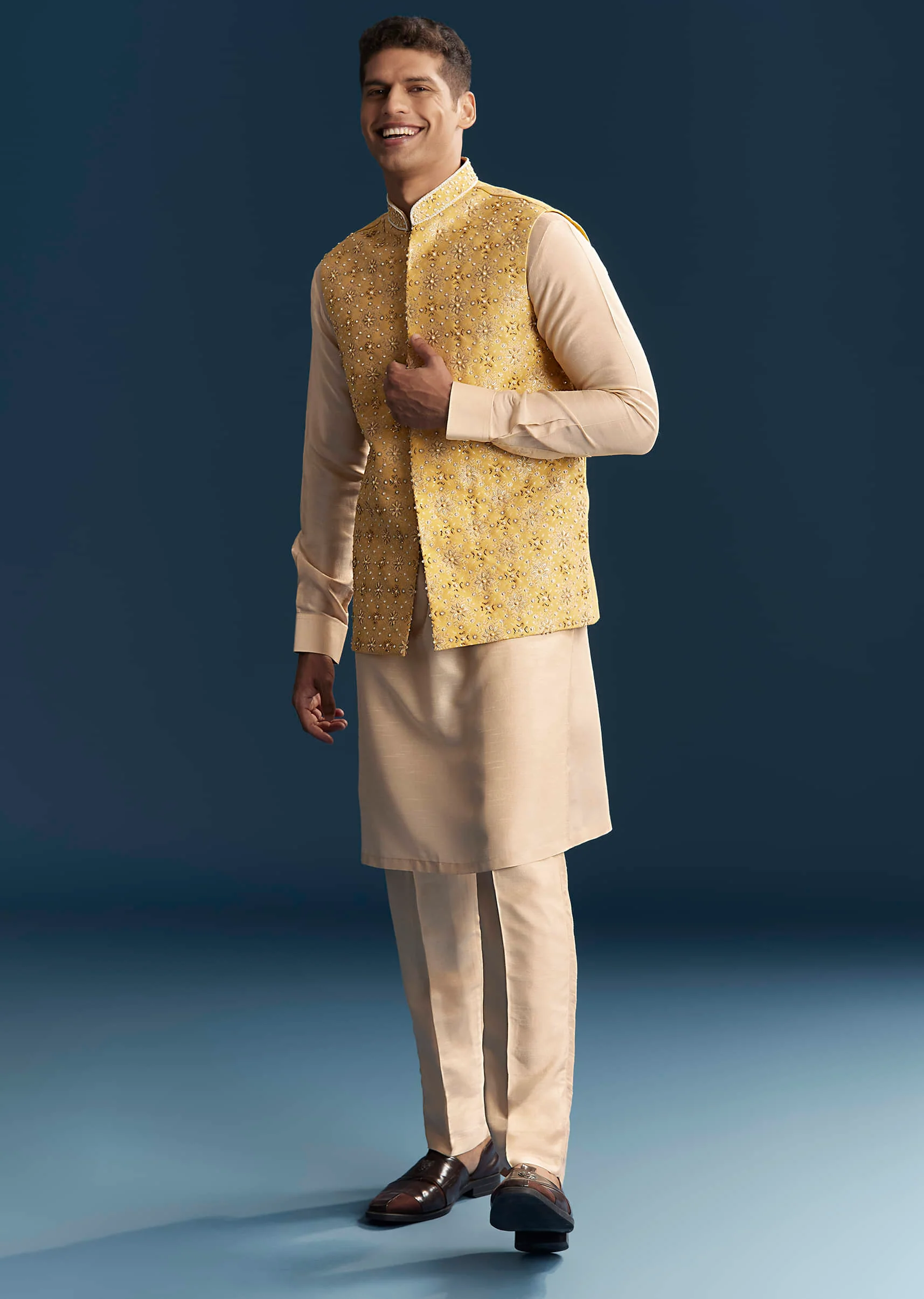 Yellow Silk Kurta Jacket Set For Men With Heavy Hand Embroidery - Image 3