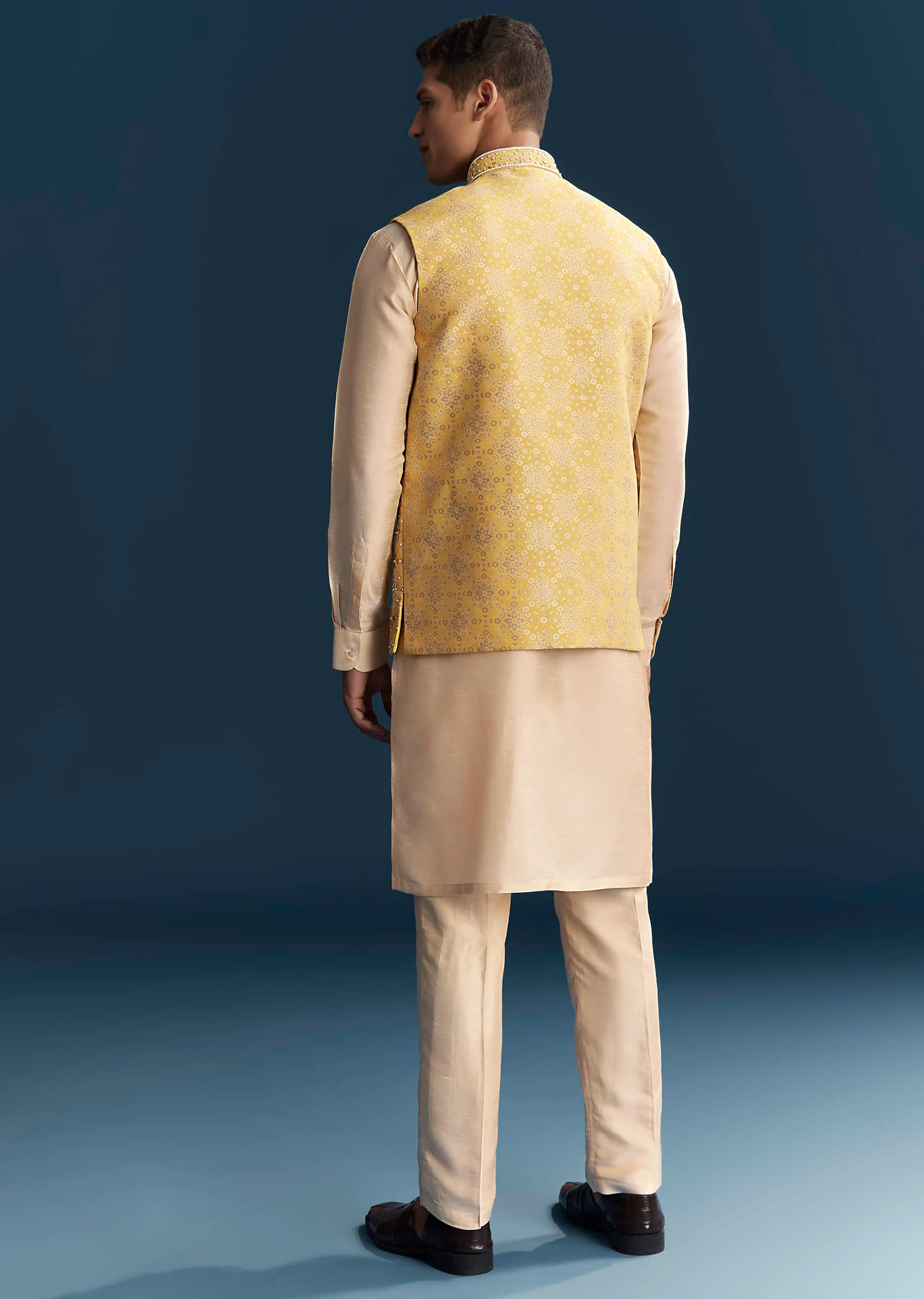 Yellow Silk Kurta Jacket Set For Men With Heavy Hand Embroidery - Image 5