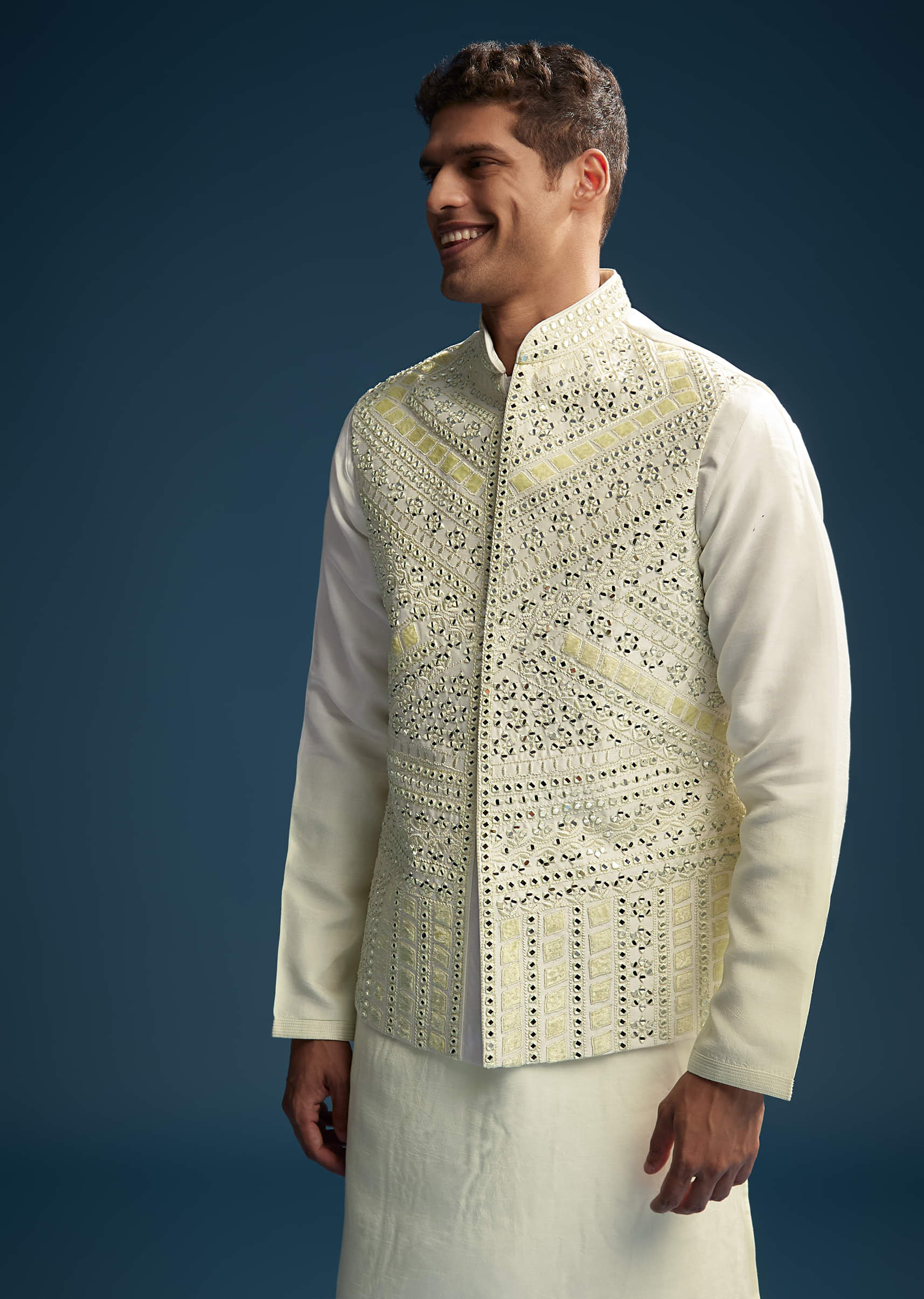 Yellow Silk Kurta Jacket Set For Men With Mirror And Patch Work - Image 3