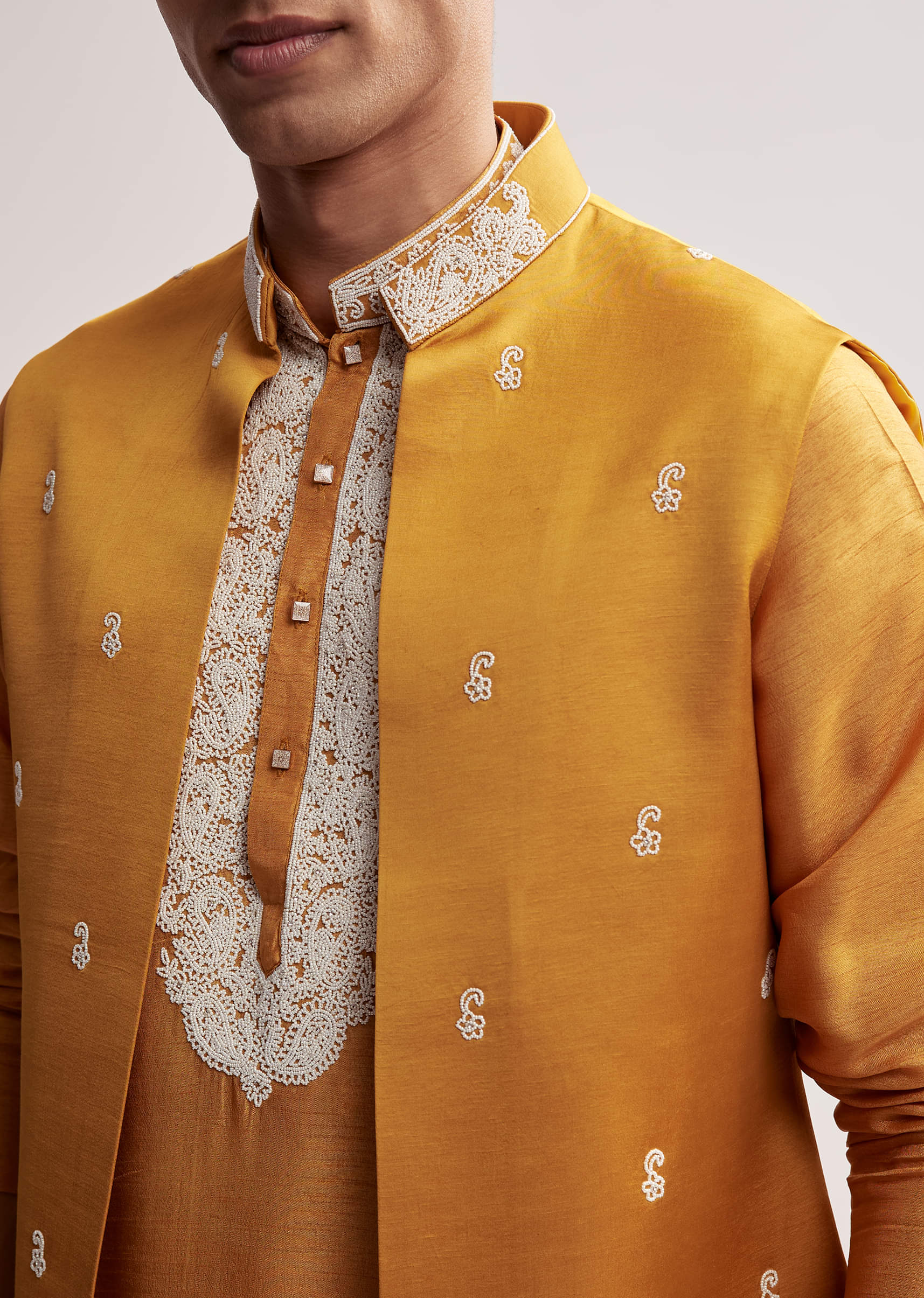 Yellow Silk Kurta Jacket Set For Men With Zardosi Hand Embroidery - Image 2