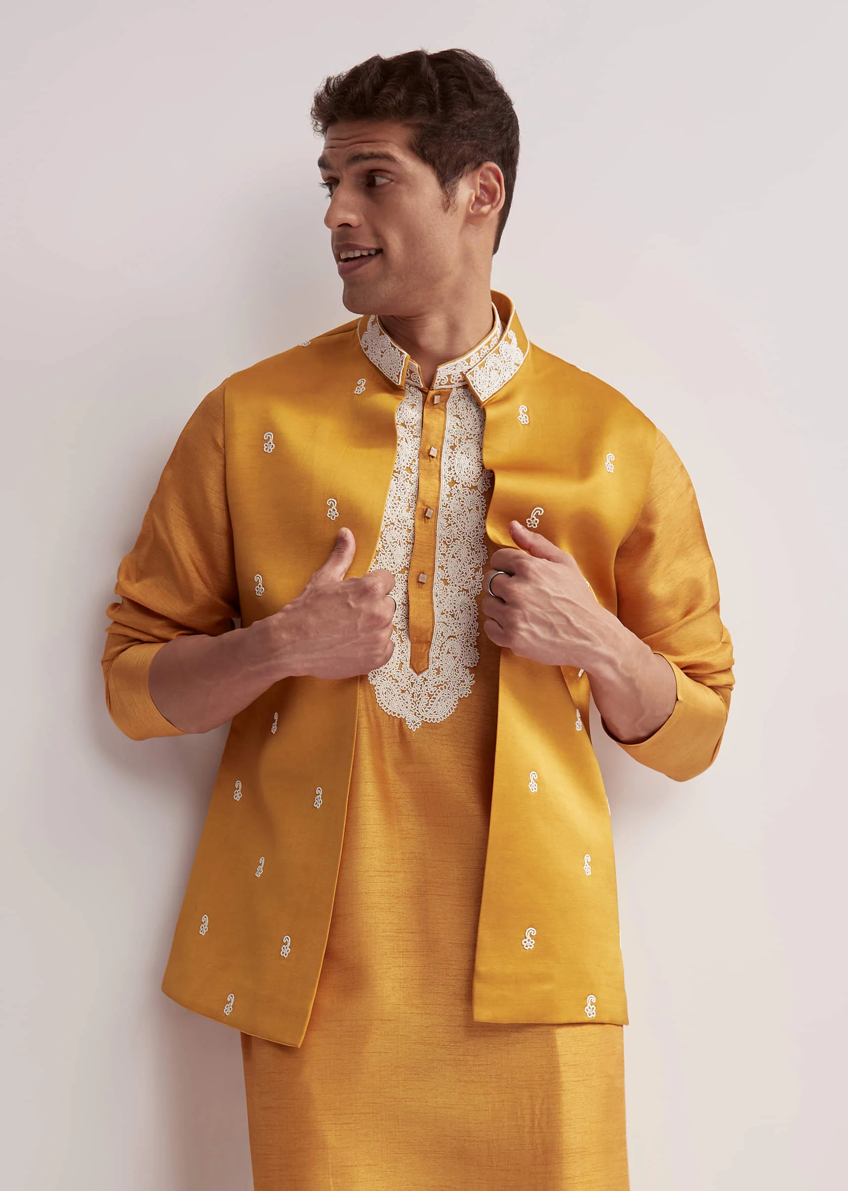 Yellow Silk Kurta Jacket Set For Men With Zardosi Hand Embroidery - Image 4