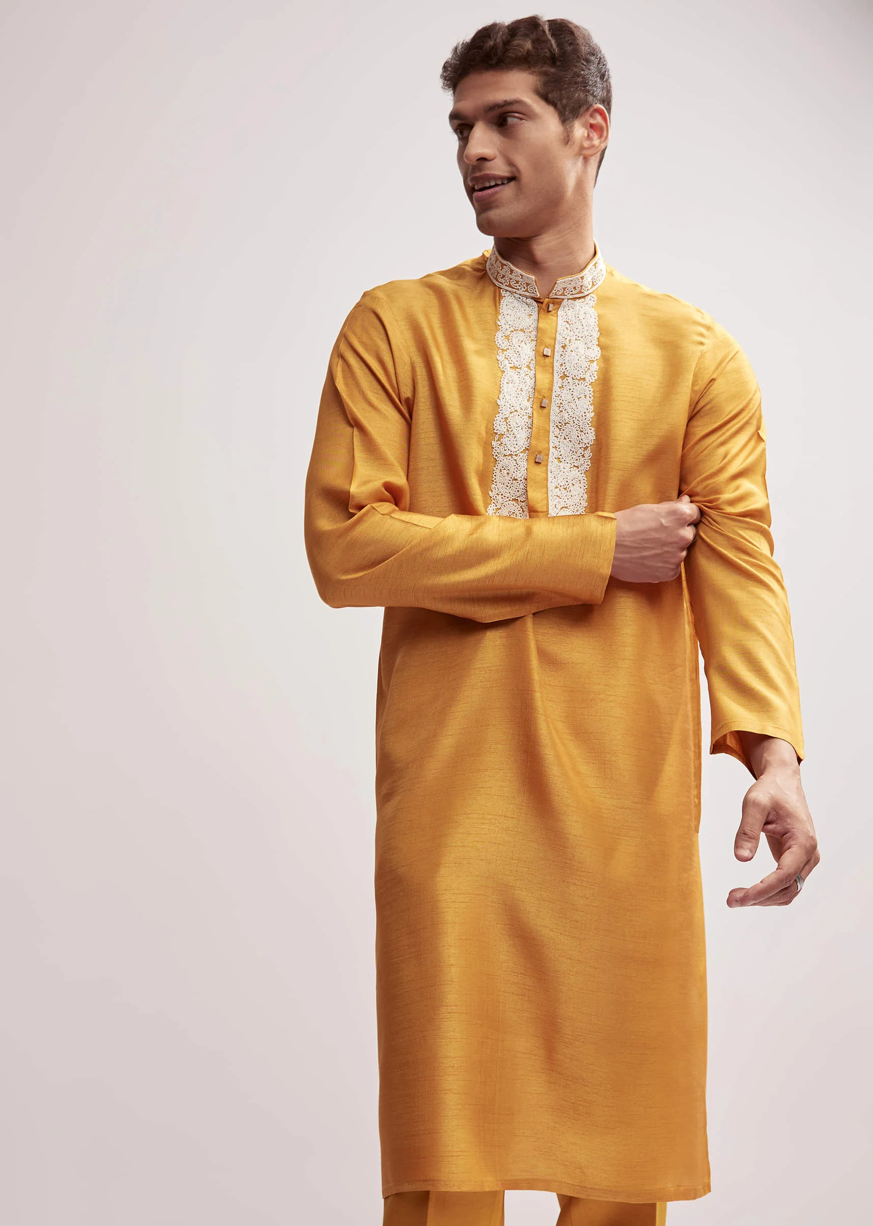 Yellow Silk Kurta Jacket Set For Men With Zardosi Hand Embroidery - Image 5