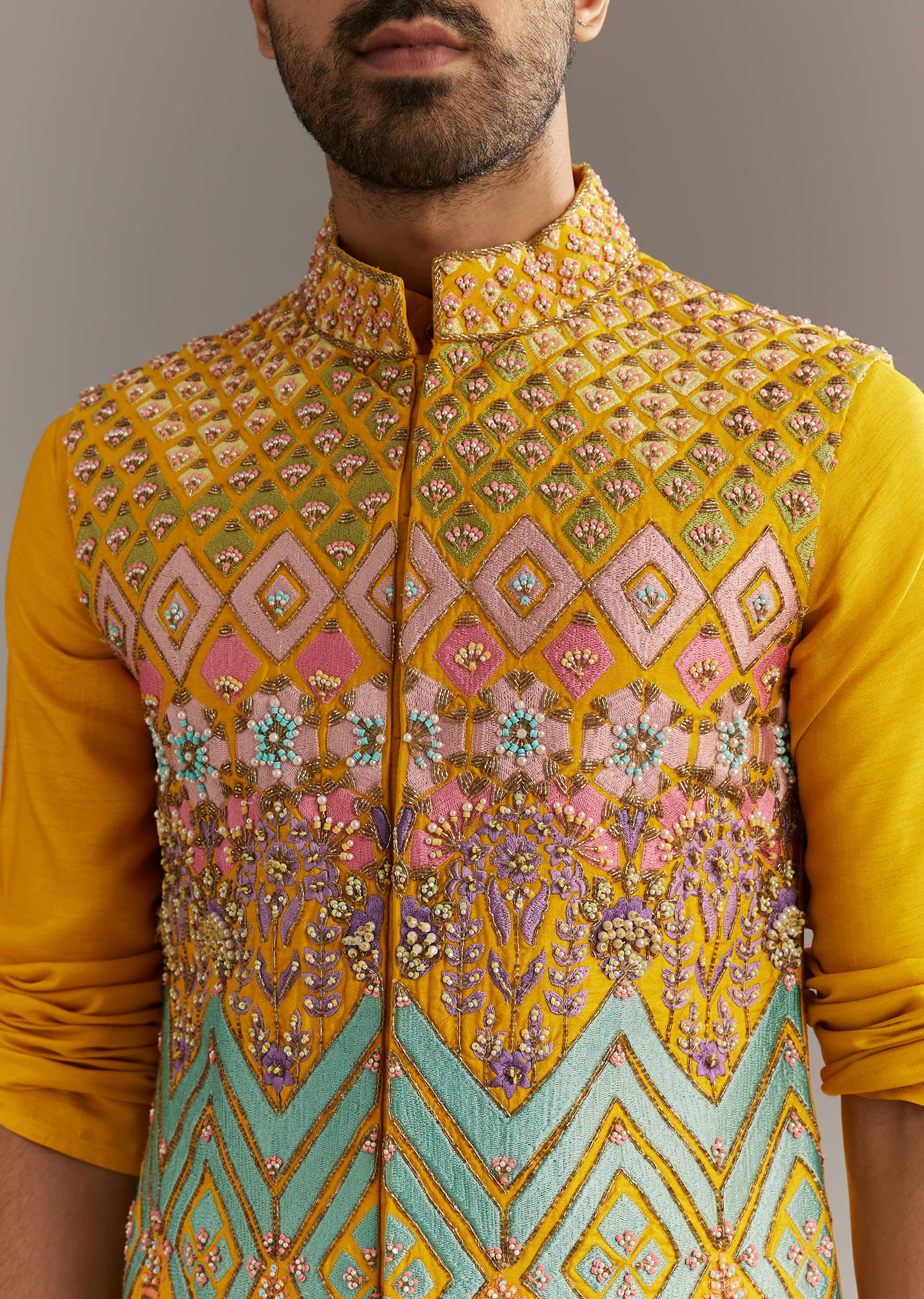 Yellow Silk Kurta Jacket Set With Multicolor Hand Work - Image 2