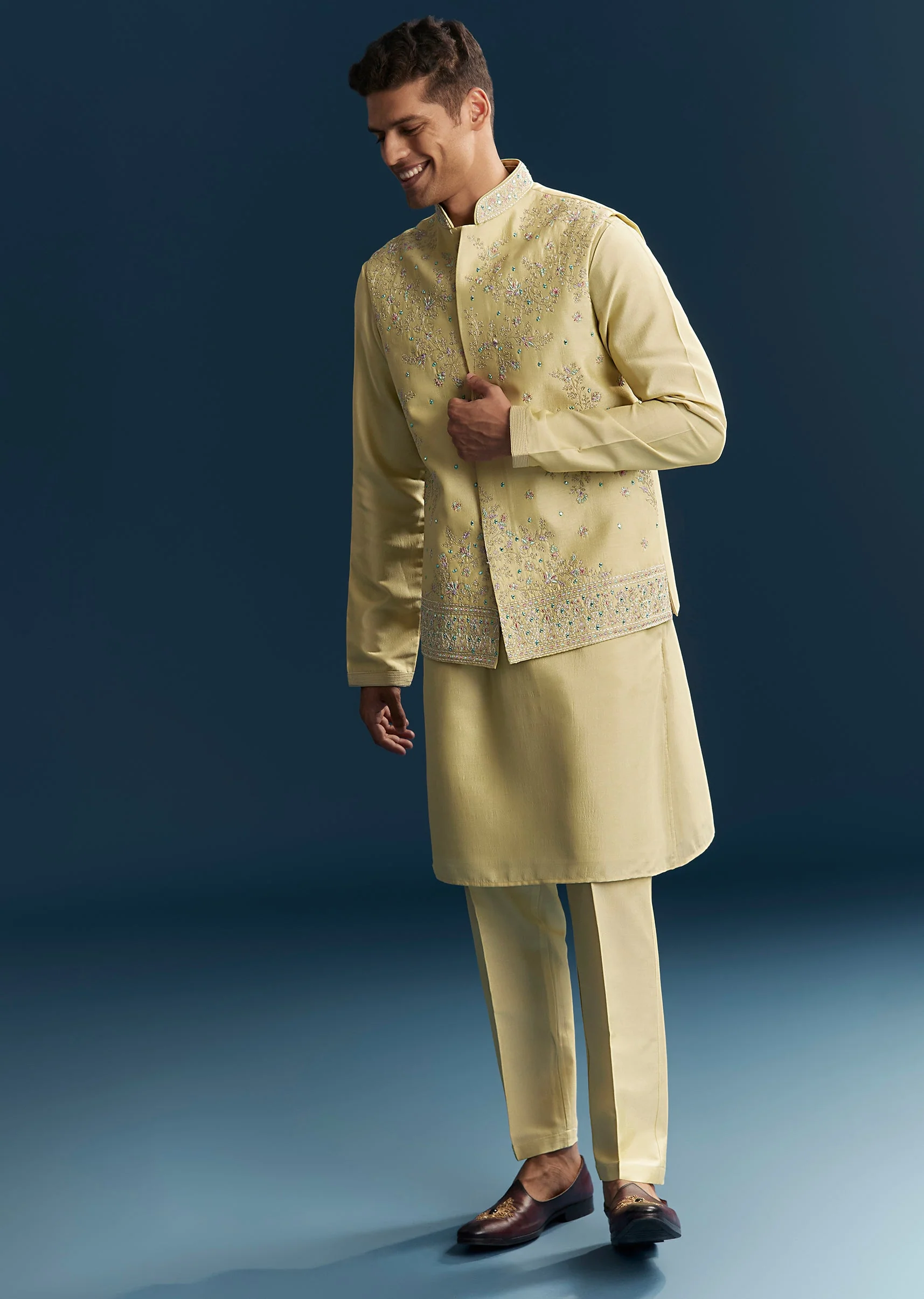 Yellow Silk Kurta Jacket Set With Thread And Mirror Work - Image 3