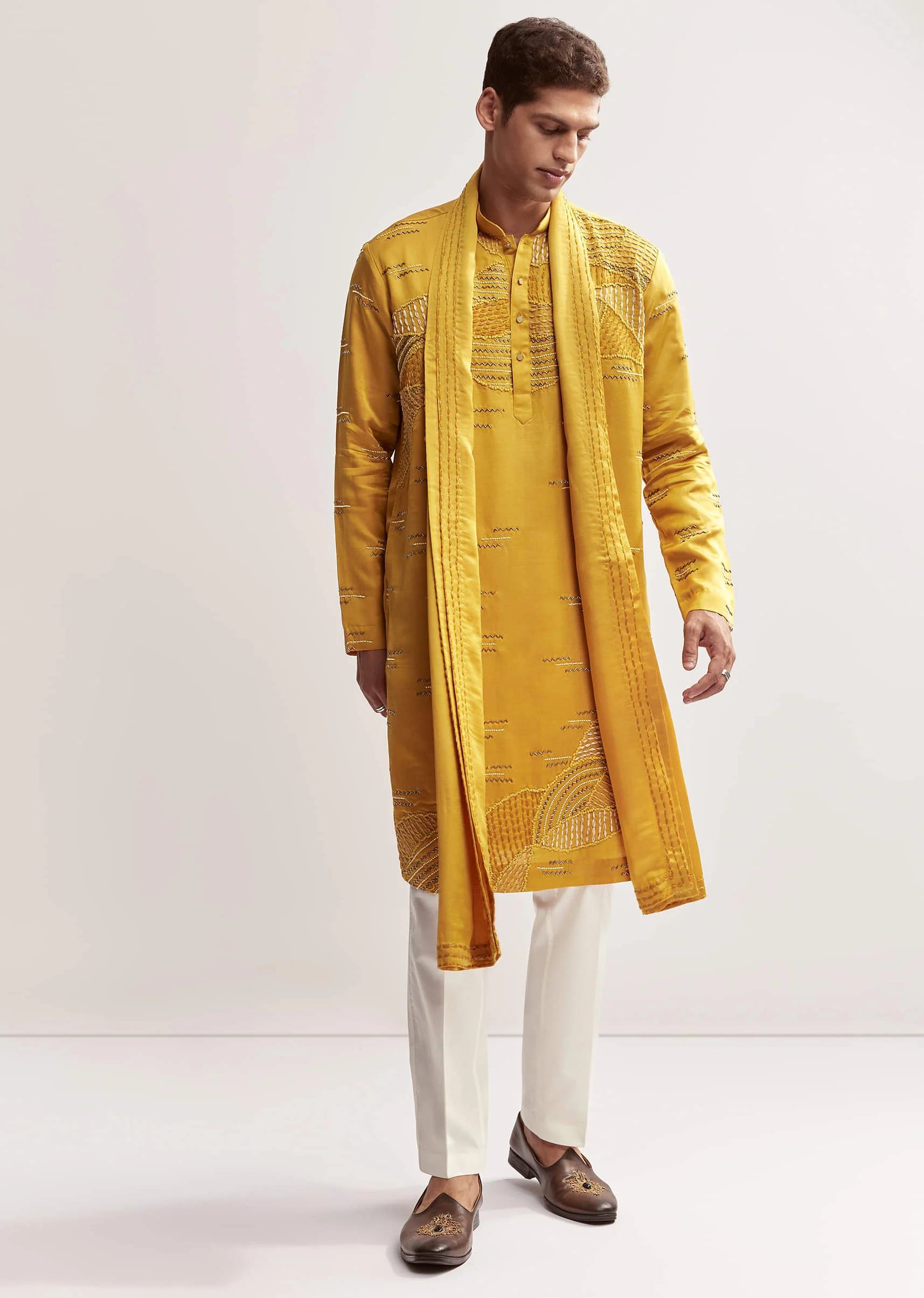 Yellow Silk Kurta Set For Men With Cutdana And Bead Work - Image 3