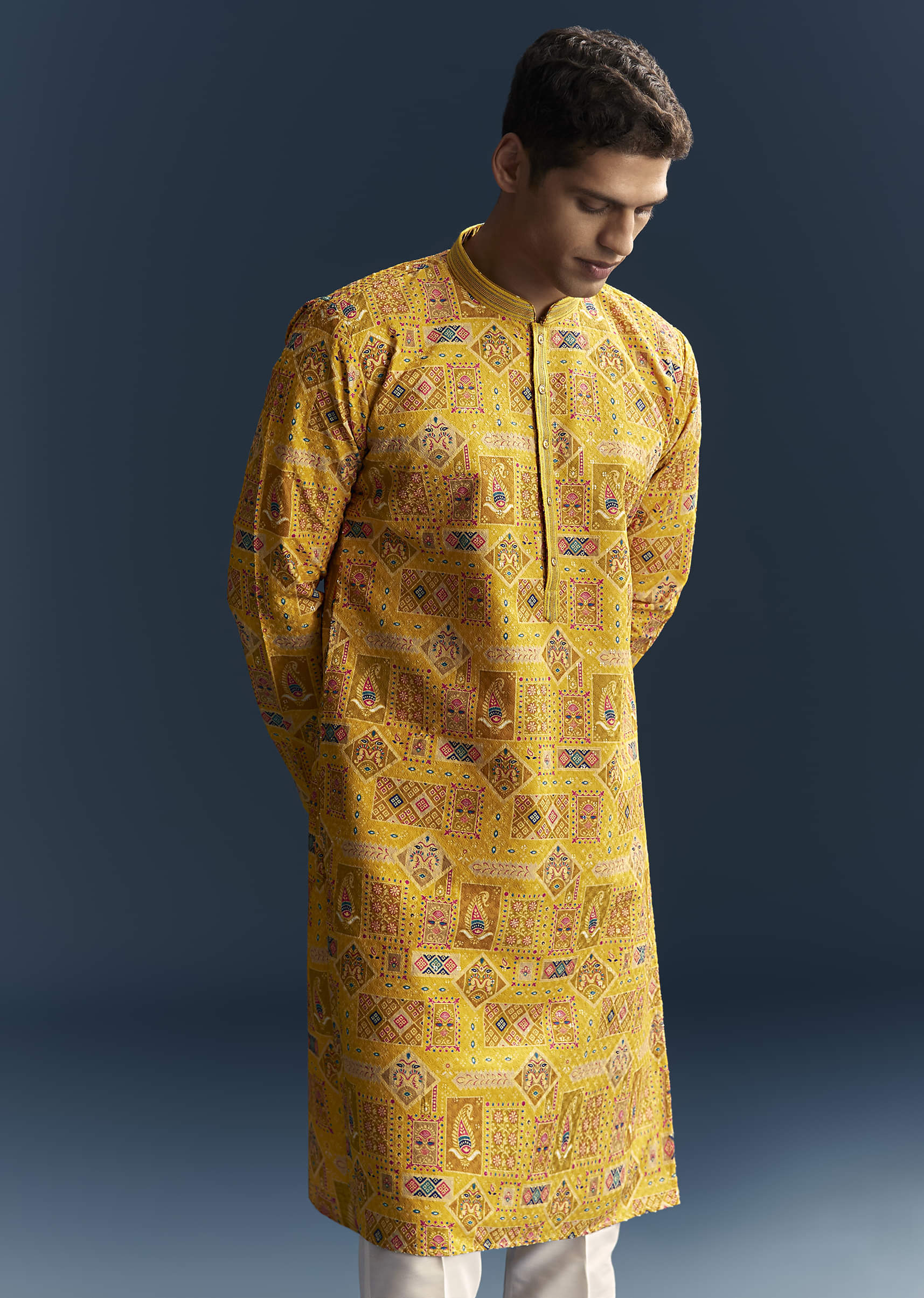Yellow Silk Kurta Set For Men With Heavy Hand Embroidery - Image 3