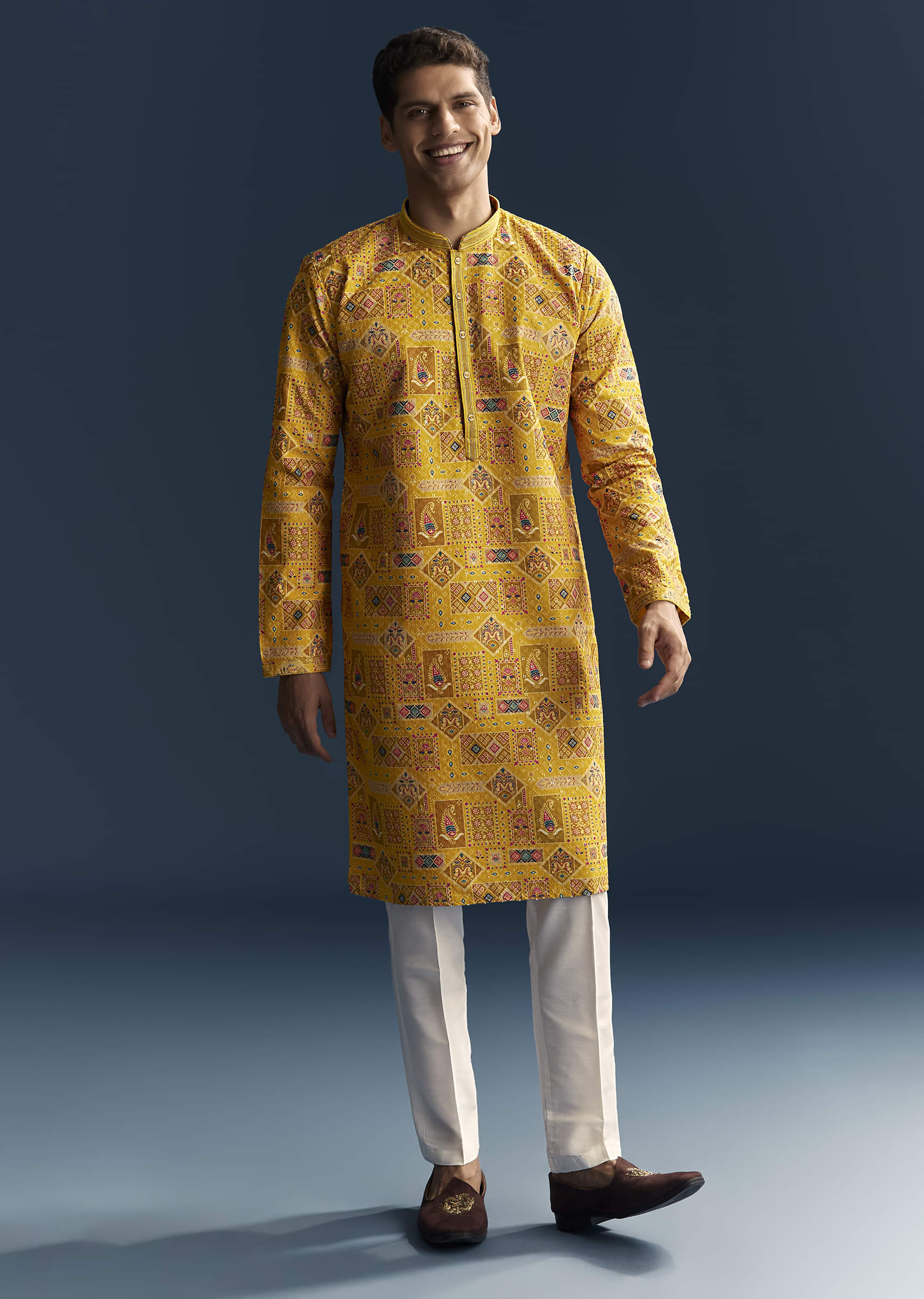 Yellow Silk Kurta Set For Men With Heavy Hand Embroidery - Image 4