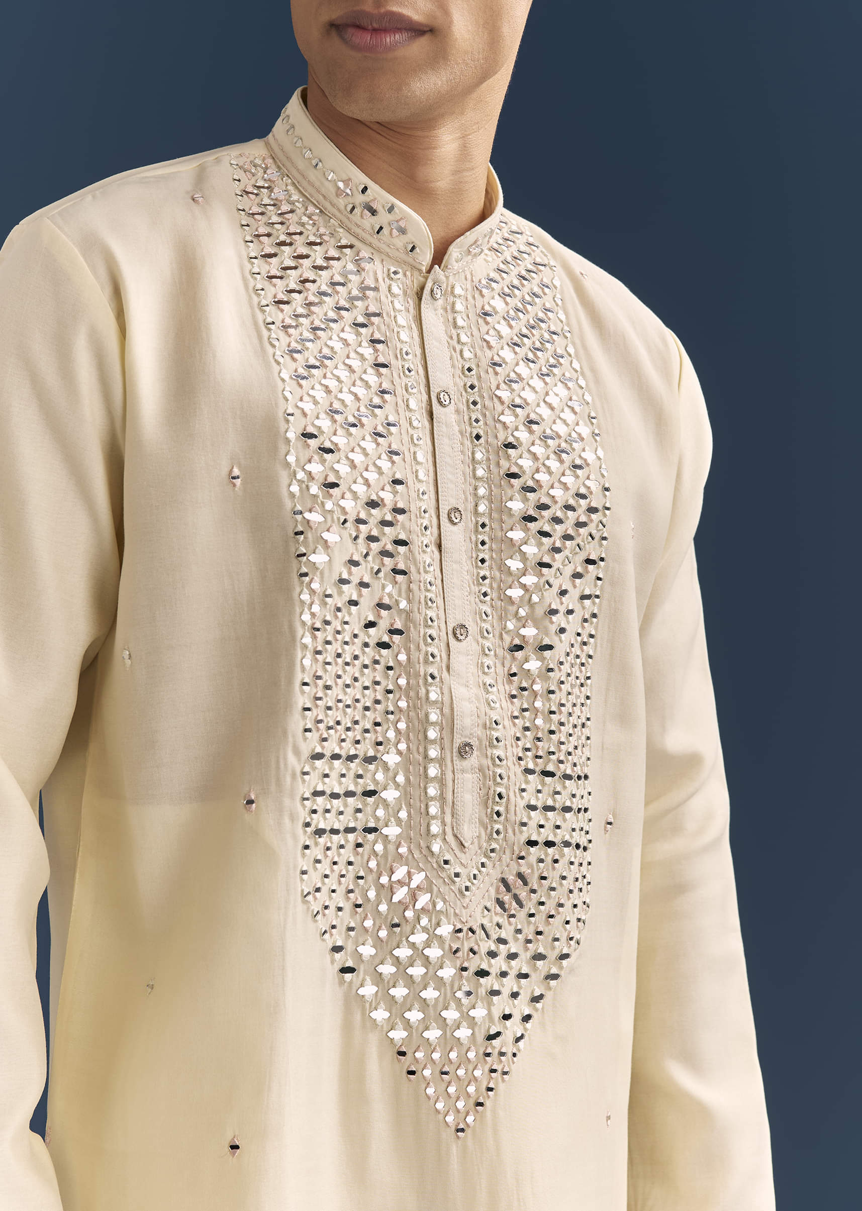 Yellow Silk Kurta Set For Men With Mirror Embroidery - Image 2