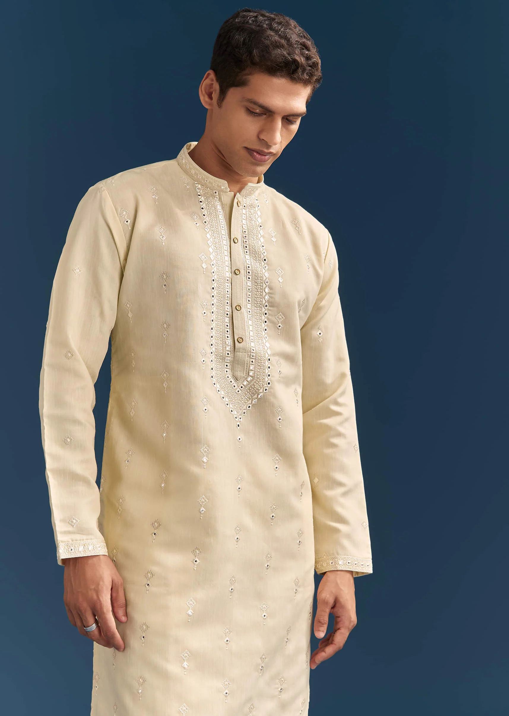 Yellow Silk Kurta Set For Men With Thread And Mirror Embroidery - Image 3