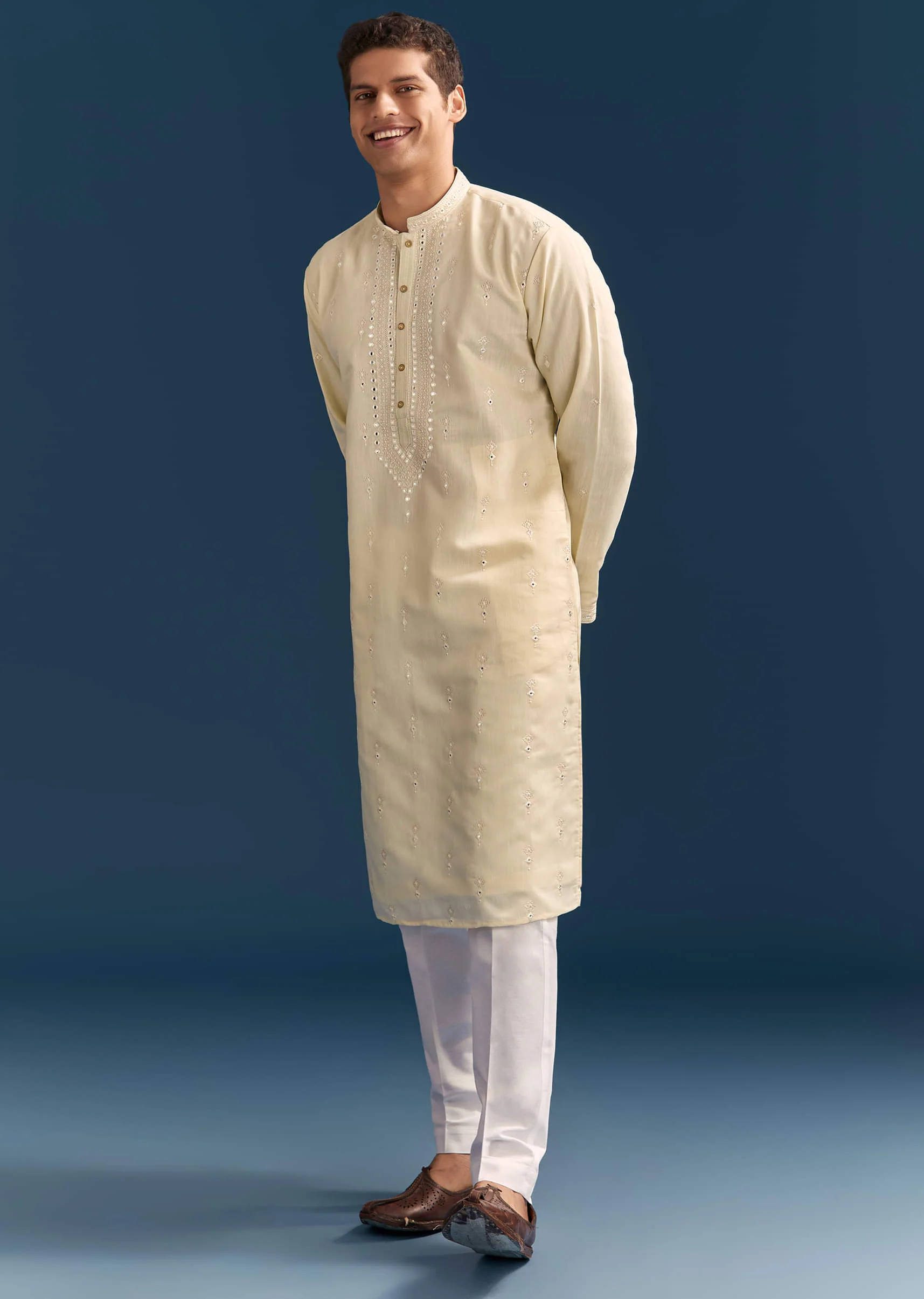 Yellow Silk Kurta Set For Men With Thread And Mirror Embroidery - Image 4