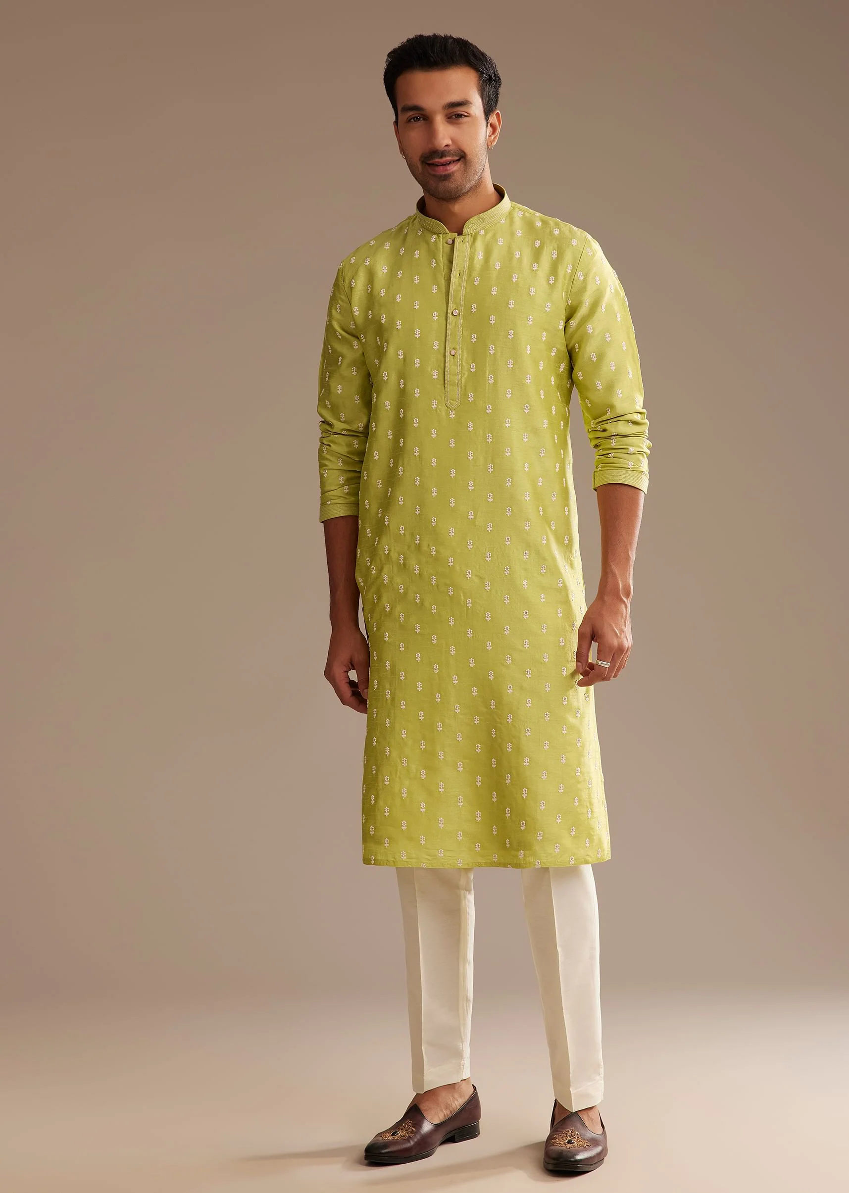 Yellow Silk Kurta Set With Embroidery - Image 2