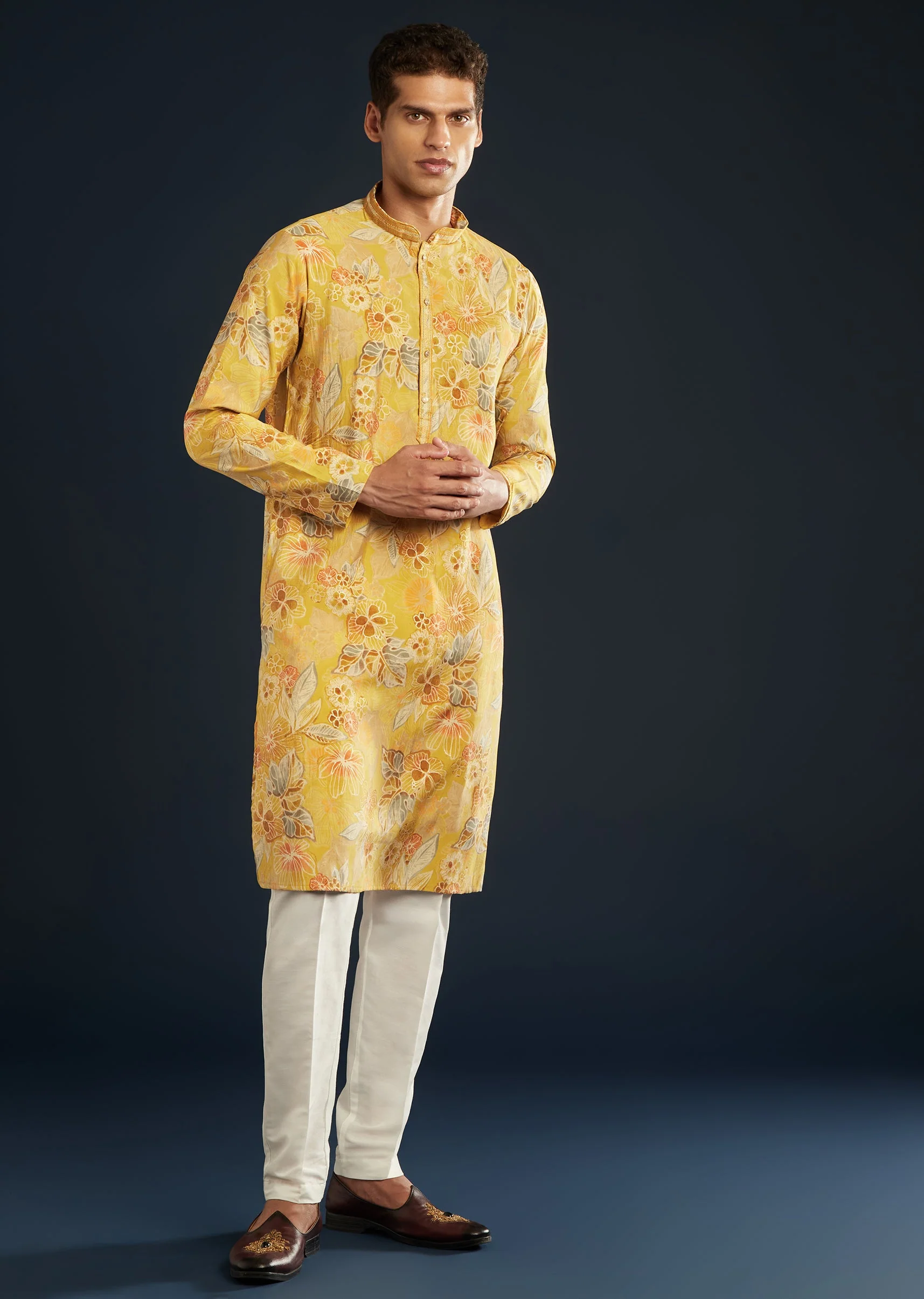 Yellow Silk Kurta Set with Floral print all over - Image 3