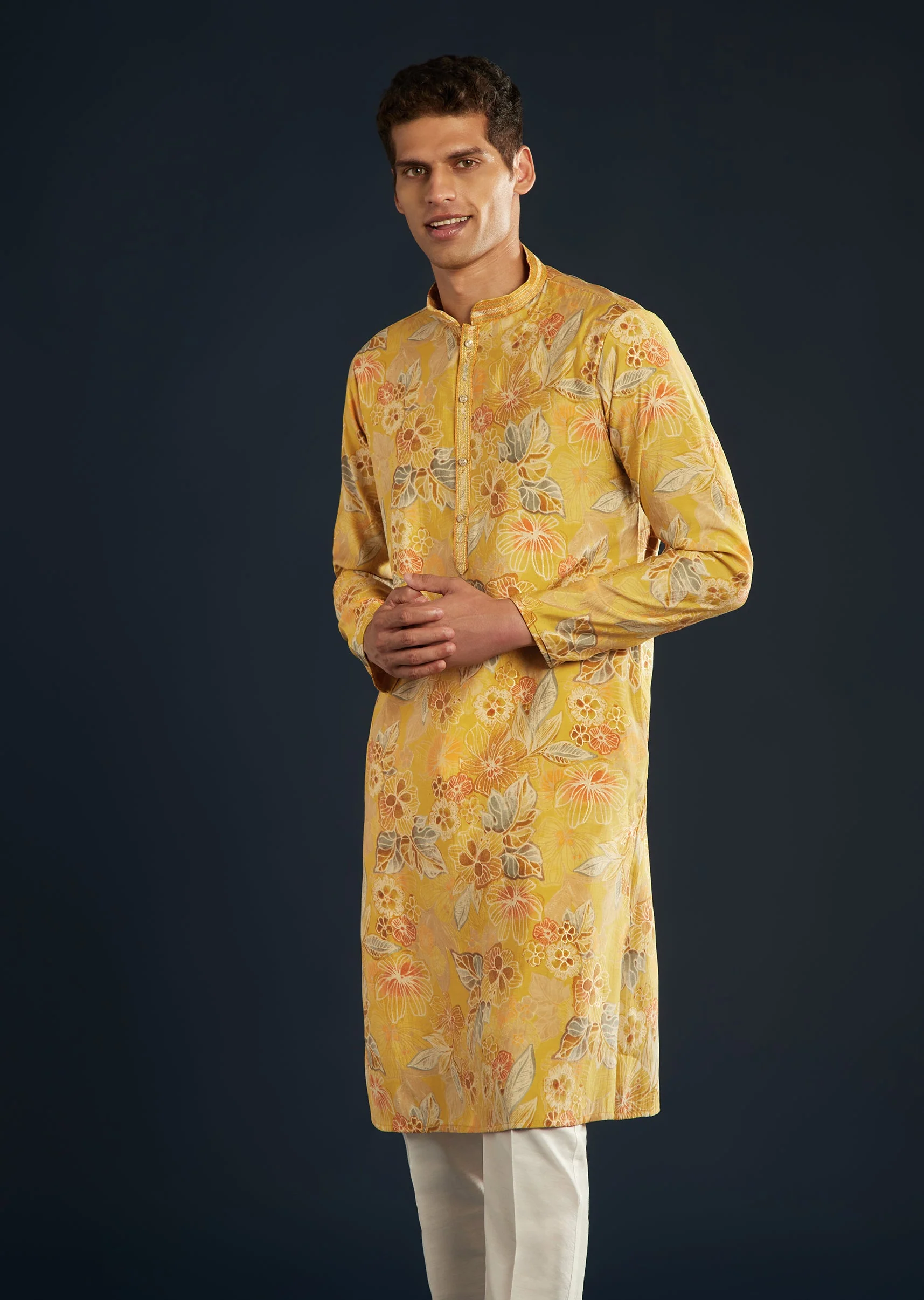Yellow Silk Kurta Set with Floral print all over - Image 4