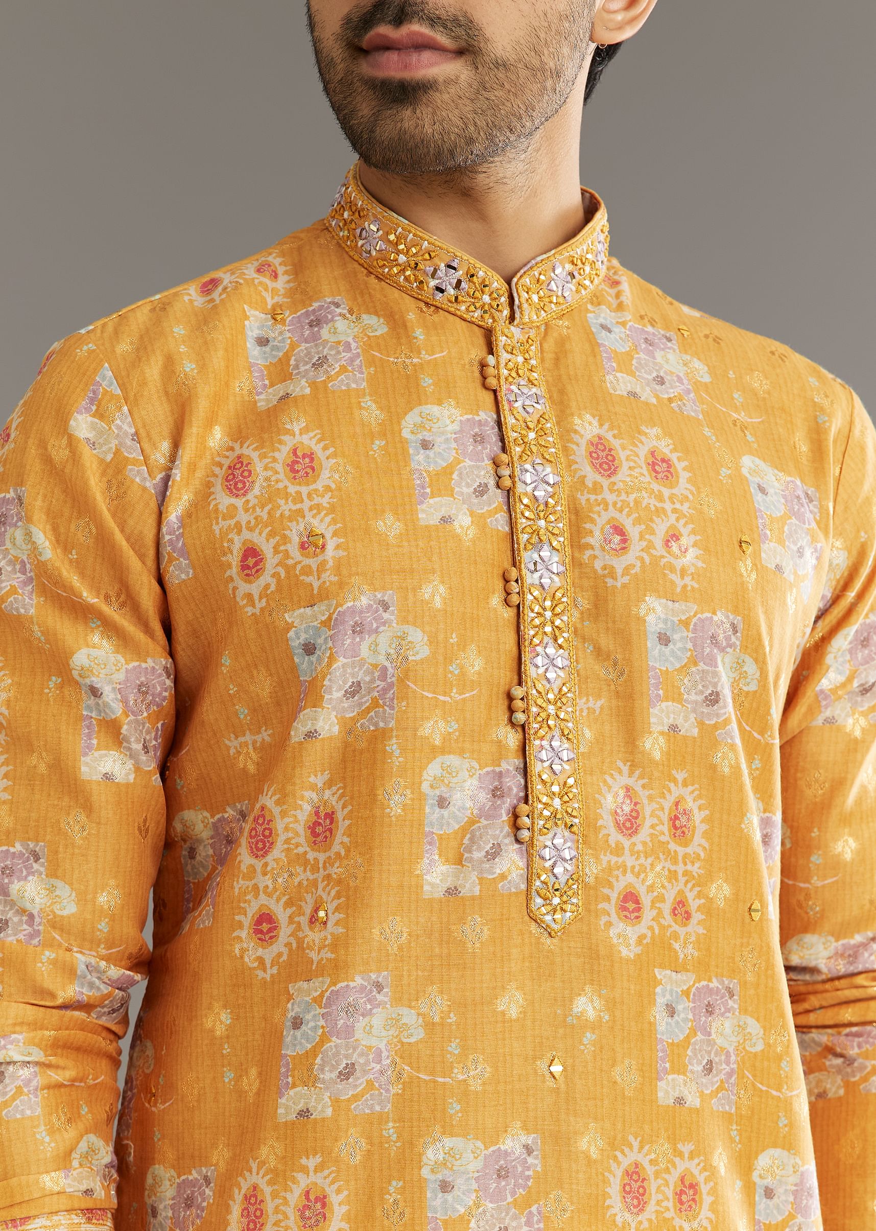 Yellow Silk Kurta Set With Print Work - Image 2