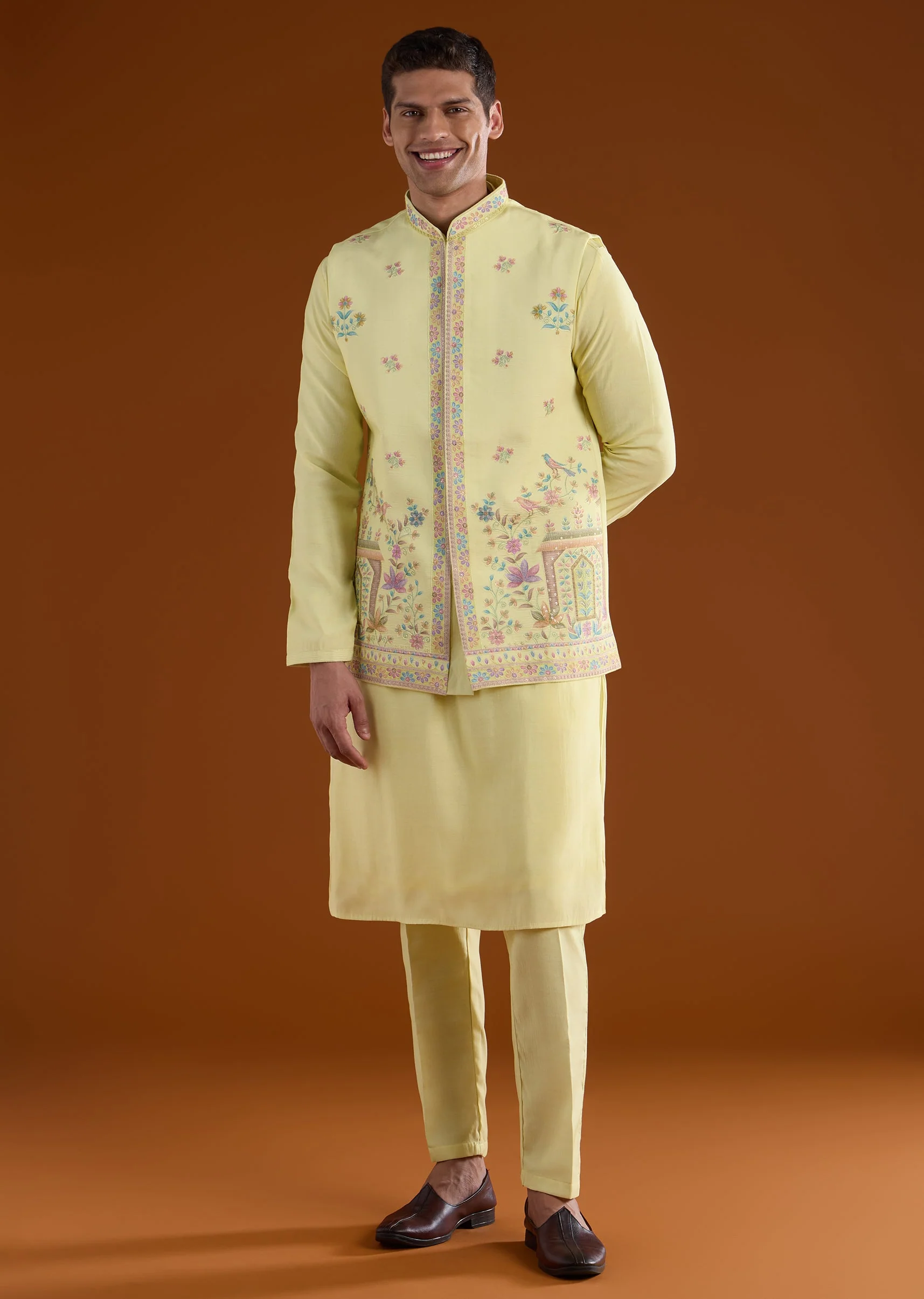 Yellow Silk Mens Kurta Jacket Set With Thread And Motif Work