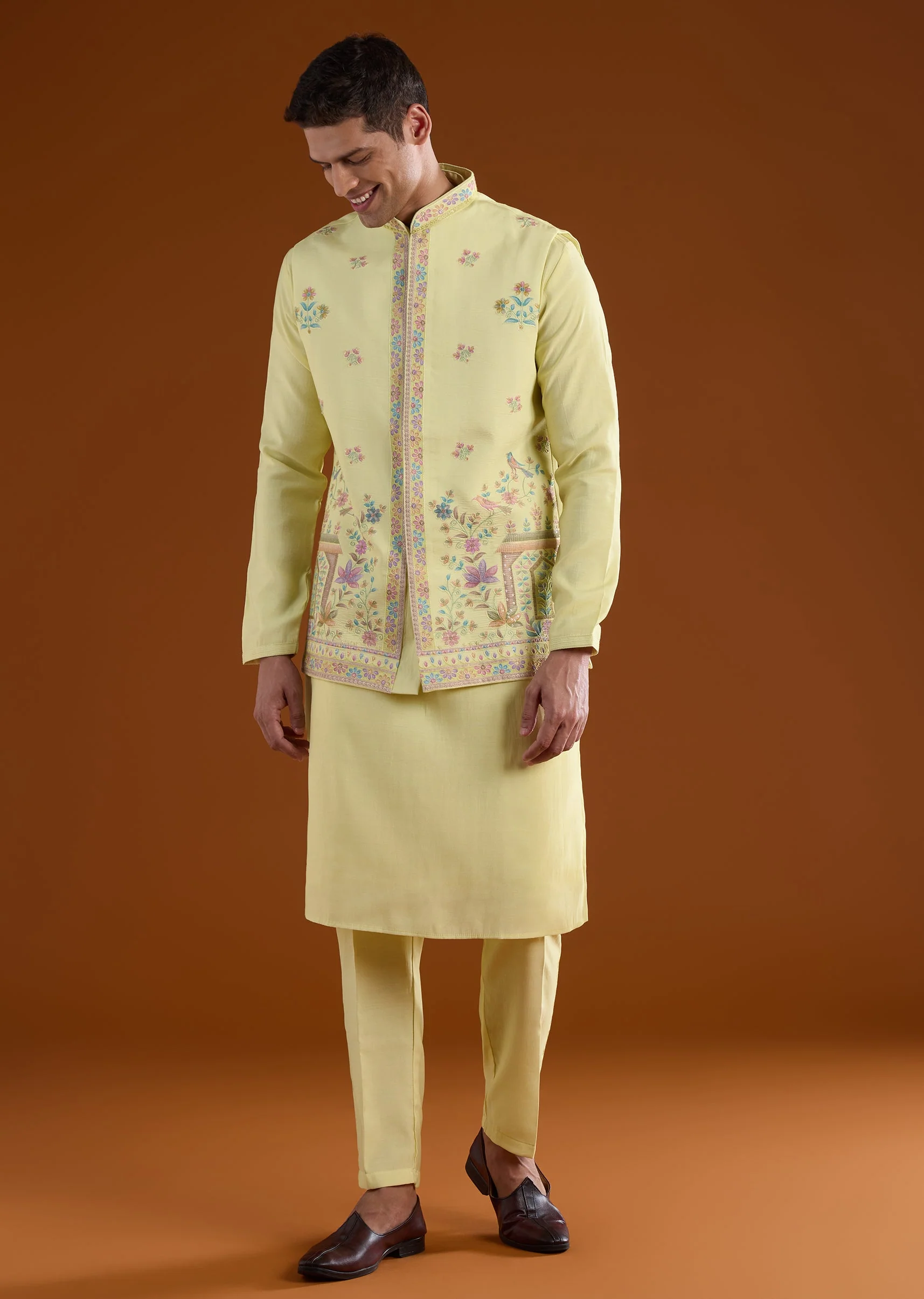 Yellow Silk Mens Kurta Jacket Set With Thread And Motif Work - Image 3
