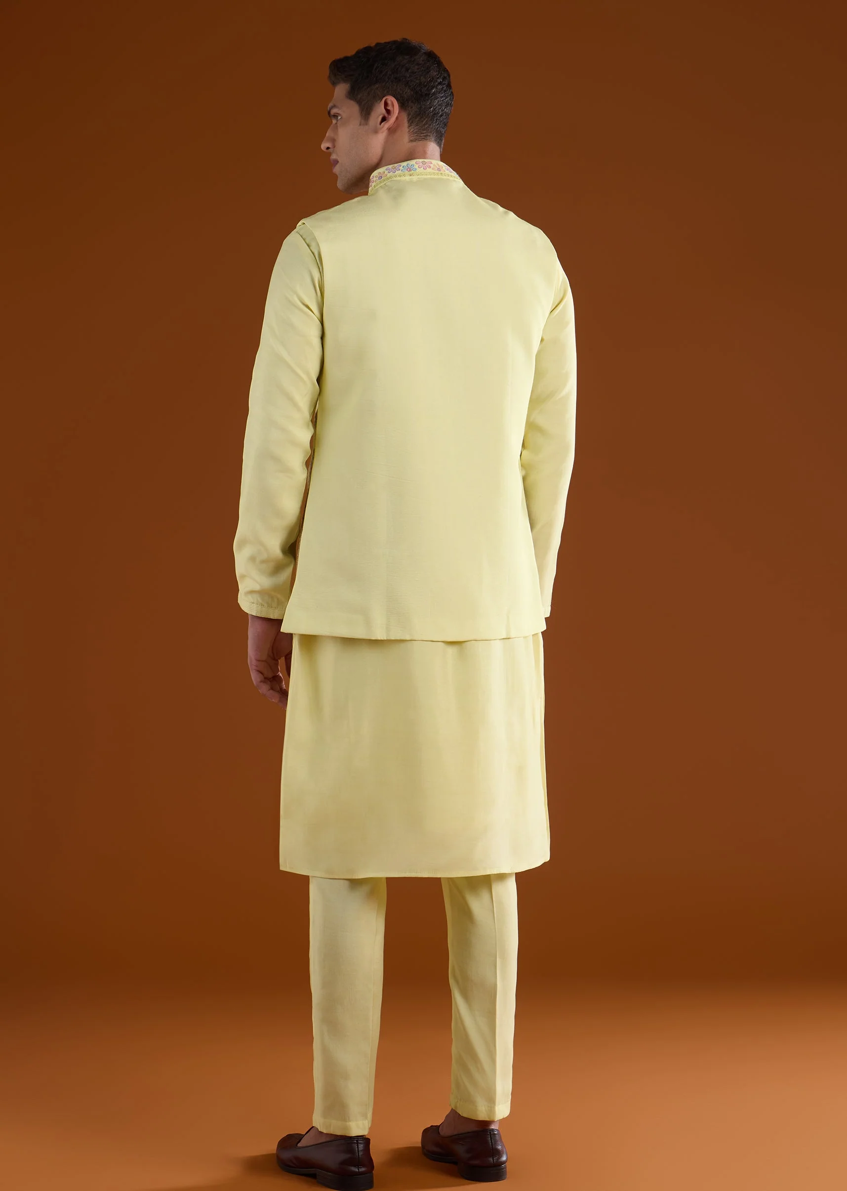 Yellow Silk Mens Kurta Jacket Set With Thread And Motif Work - Image 5