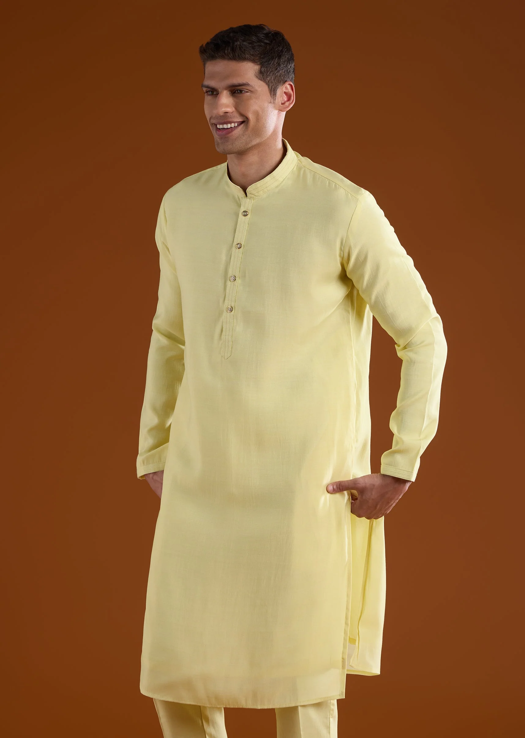 Yellow Silk Mens Kurta Jacket Set With Thread And Motif Work - Image 6