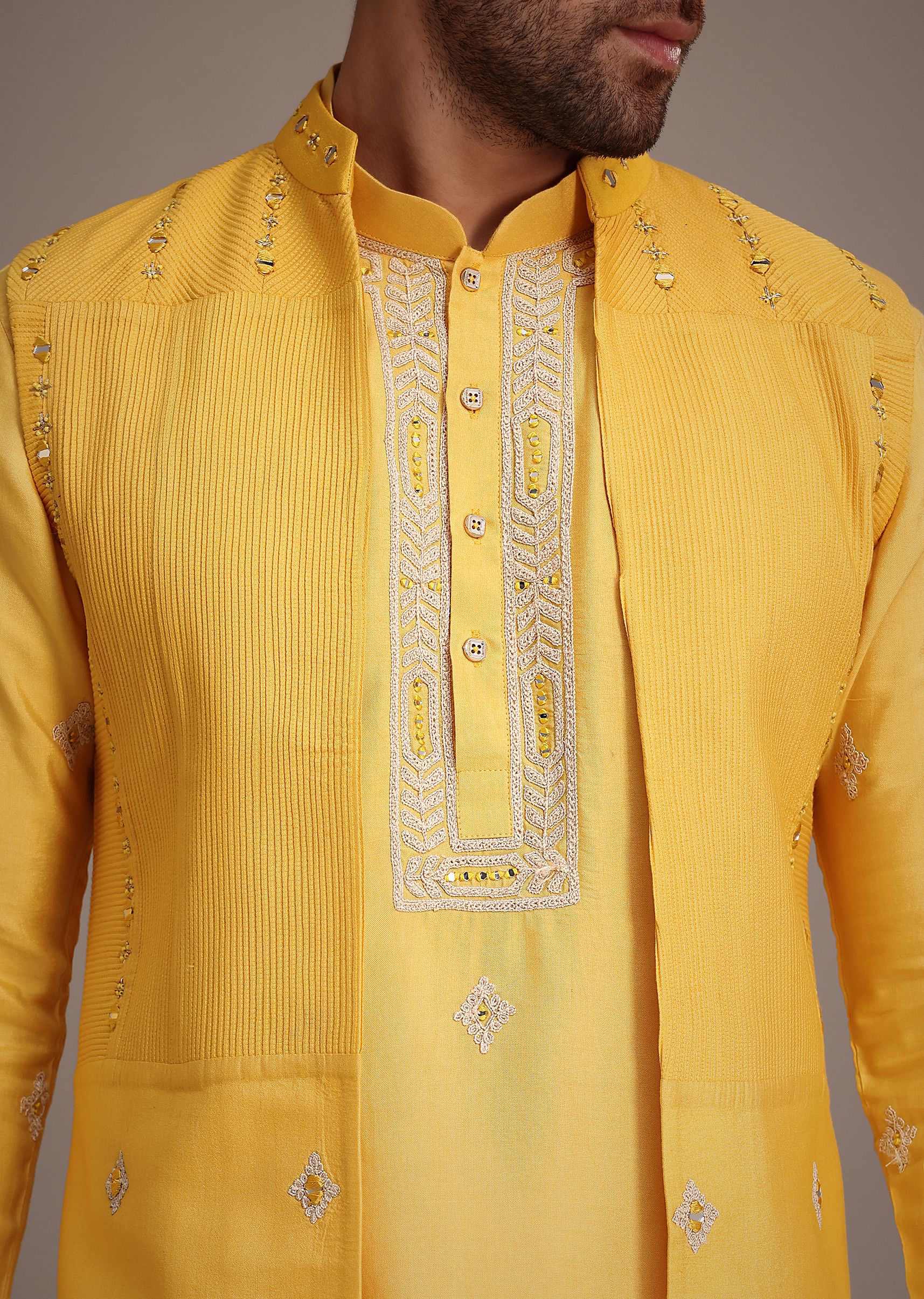 Yellow Silk Mirror Embroidered Kurta Jacket Set - Image 3