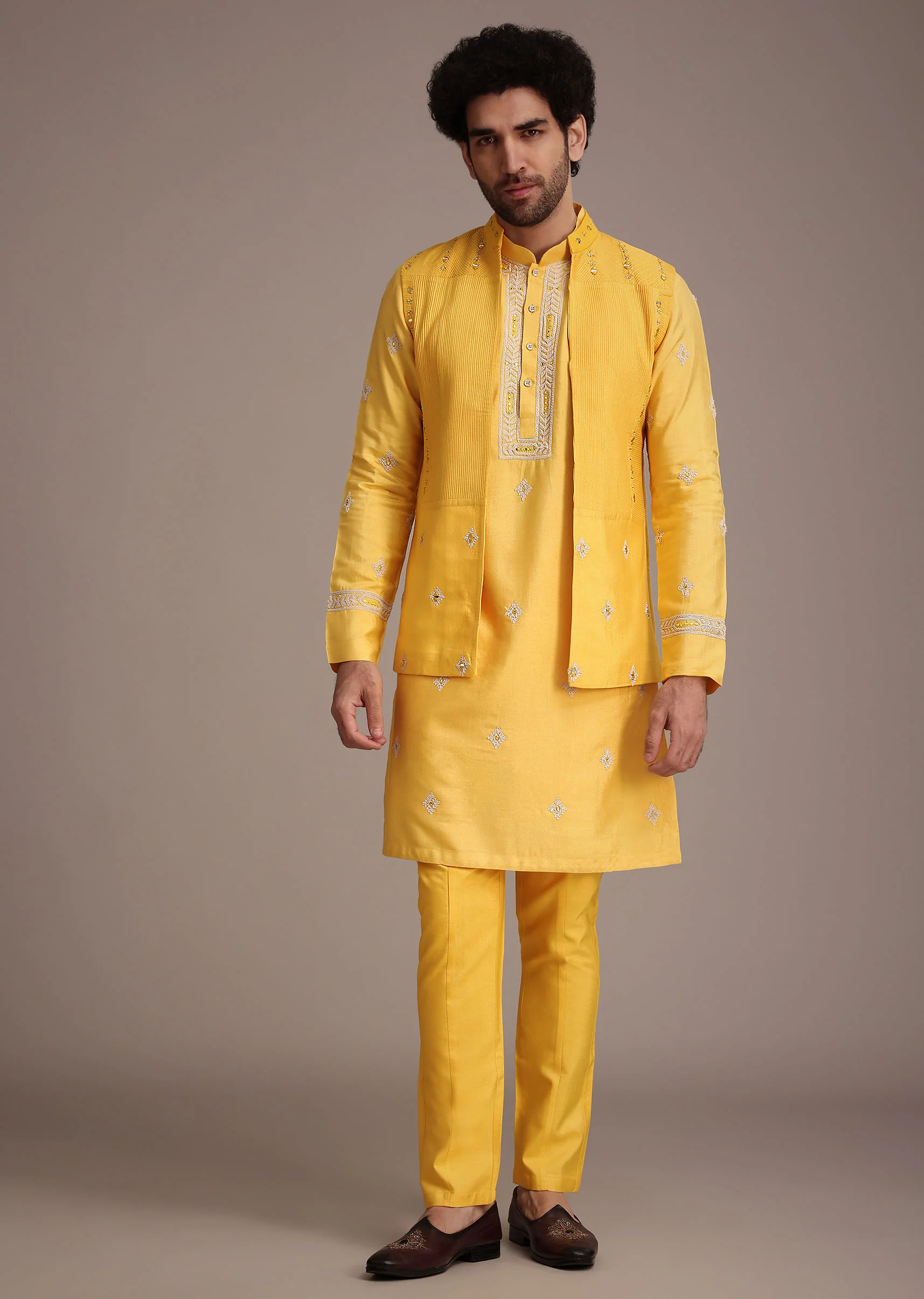 Yellow Silk Mirror Embroidered Kurta Jacket Set - Image 4