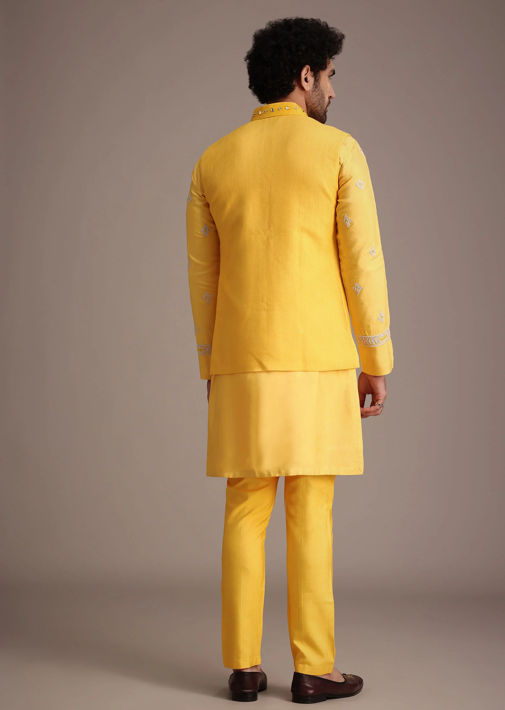 Yellow Silk Mirror Embroidered Kurta Jacket Set - Image 5