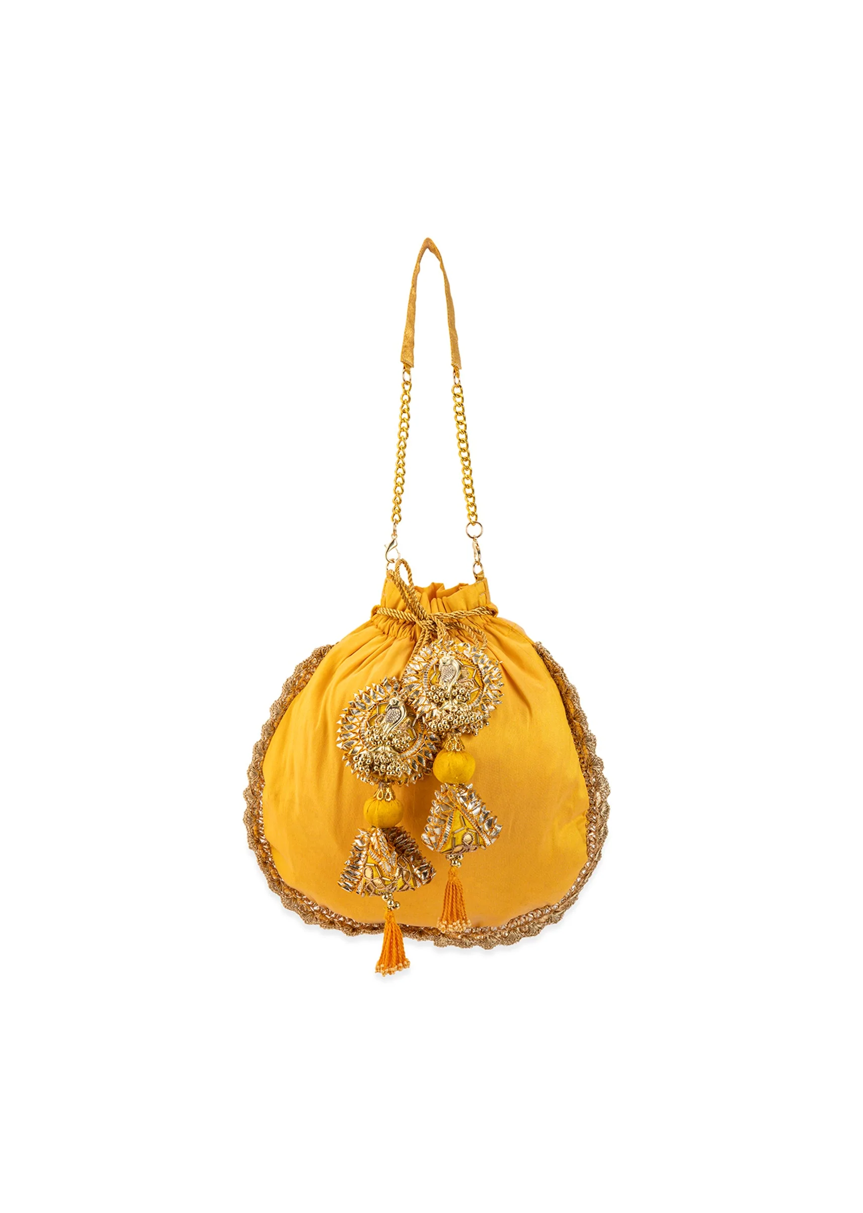 Yellow Silk Peacock Motif Embroidered Potli Bag - Image 3